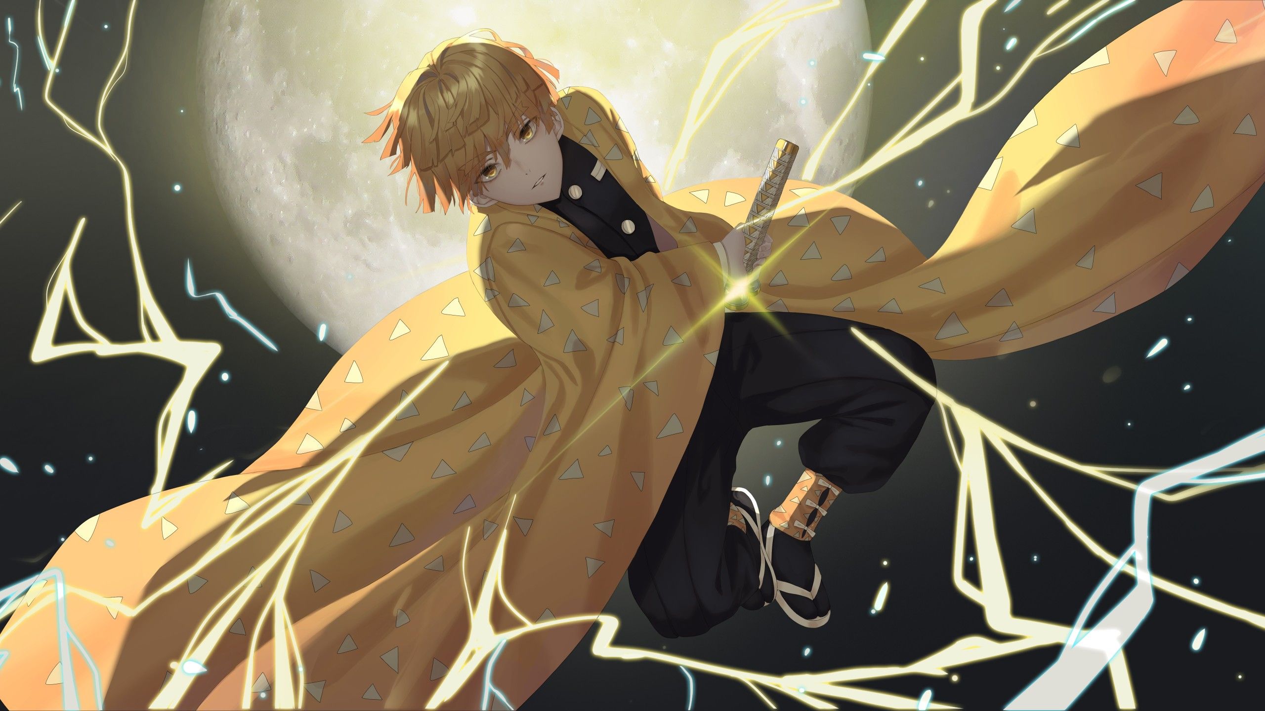 2560x1440 Demon Slayer Boy Zenitsu Agatsuma With Background Of Bright Moon 4K 5K HD Anime Wallpaper