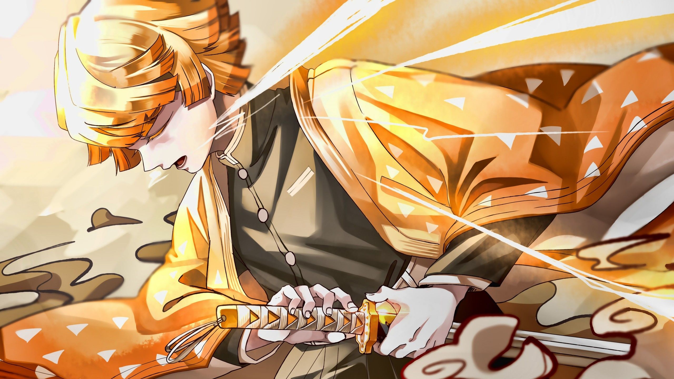 2560x1440 Zenitsu Agatsuma Sword 4K HD Demon Slayer Kimetsu no Yaiba Wallpaper