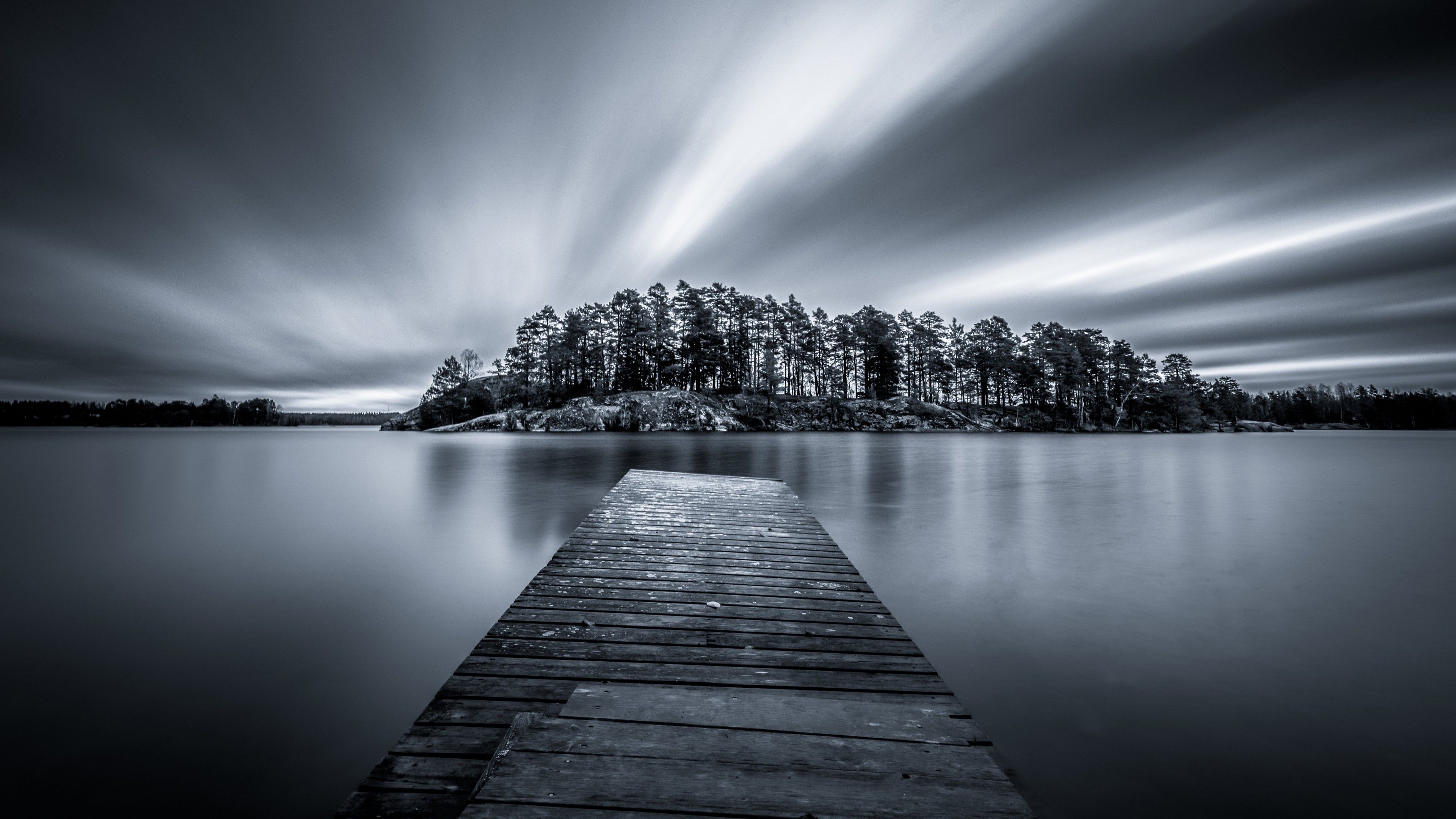 3840x2160 Black And White Image Of Lake Sweden Pier 4K 5K HD Travel Wallpaper