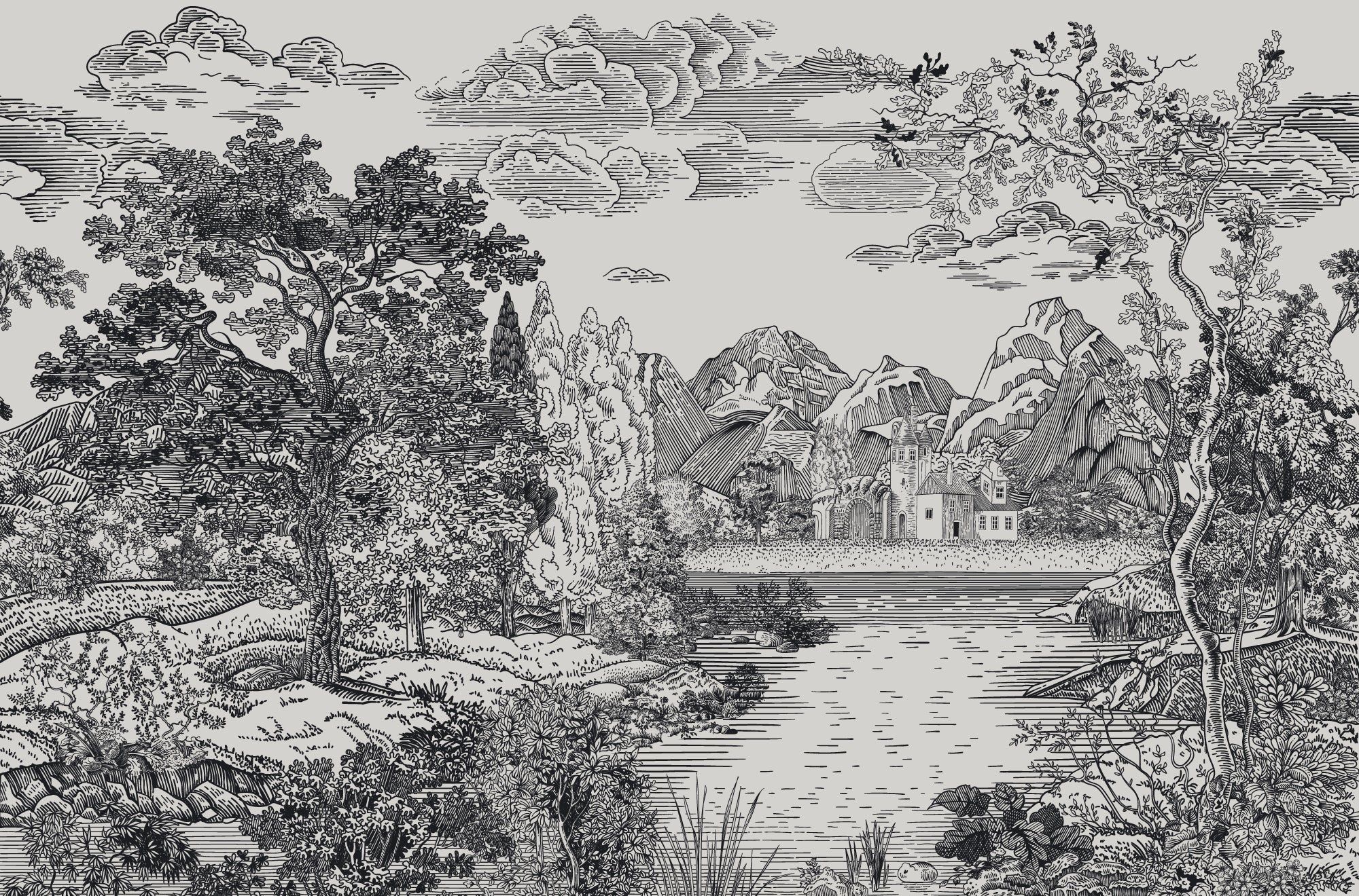 2000x1320 Castle Glade Mono & White Castle By The Lake Wallpaper Mural