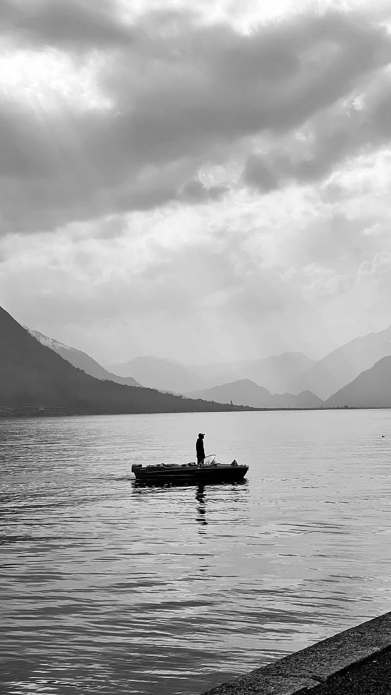 800x1422 Man, alone, boat, lake, black and white, HD phone wallpaper