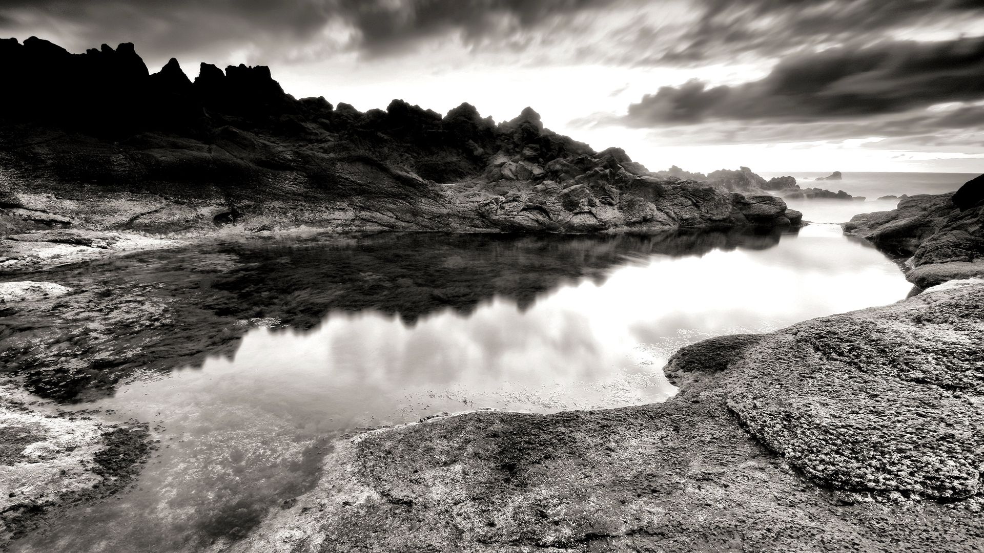 1920x1080 Desktop wallpaper: Photography, Black & White, Lake, Mountain, Sky, Water 4K free download for PC. 224789