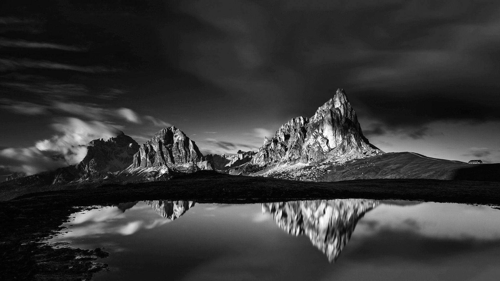 1920x1080 nature, Landscape, Mountains, Clouds, Dolomites (mountains), Lake, Water, House, Reflection, Monochrome Wallpaper HD / Desktop and Mobile Background