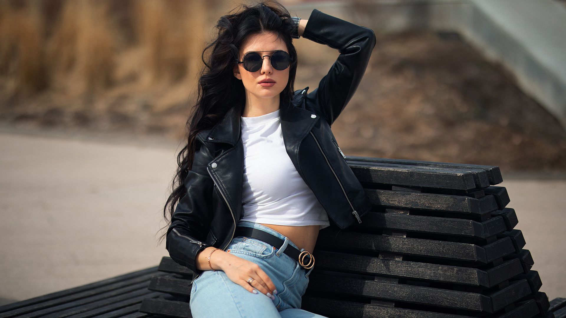 1920x1080 Girl Model Is Wearing White Top Blue Jeans And Black Overcoat HD Girls Wallpaper