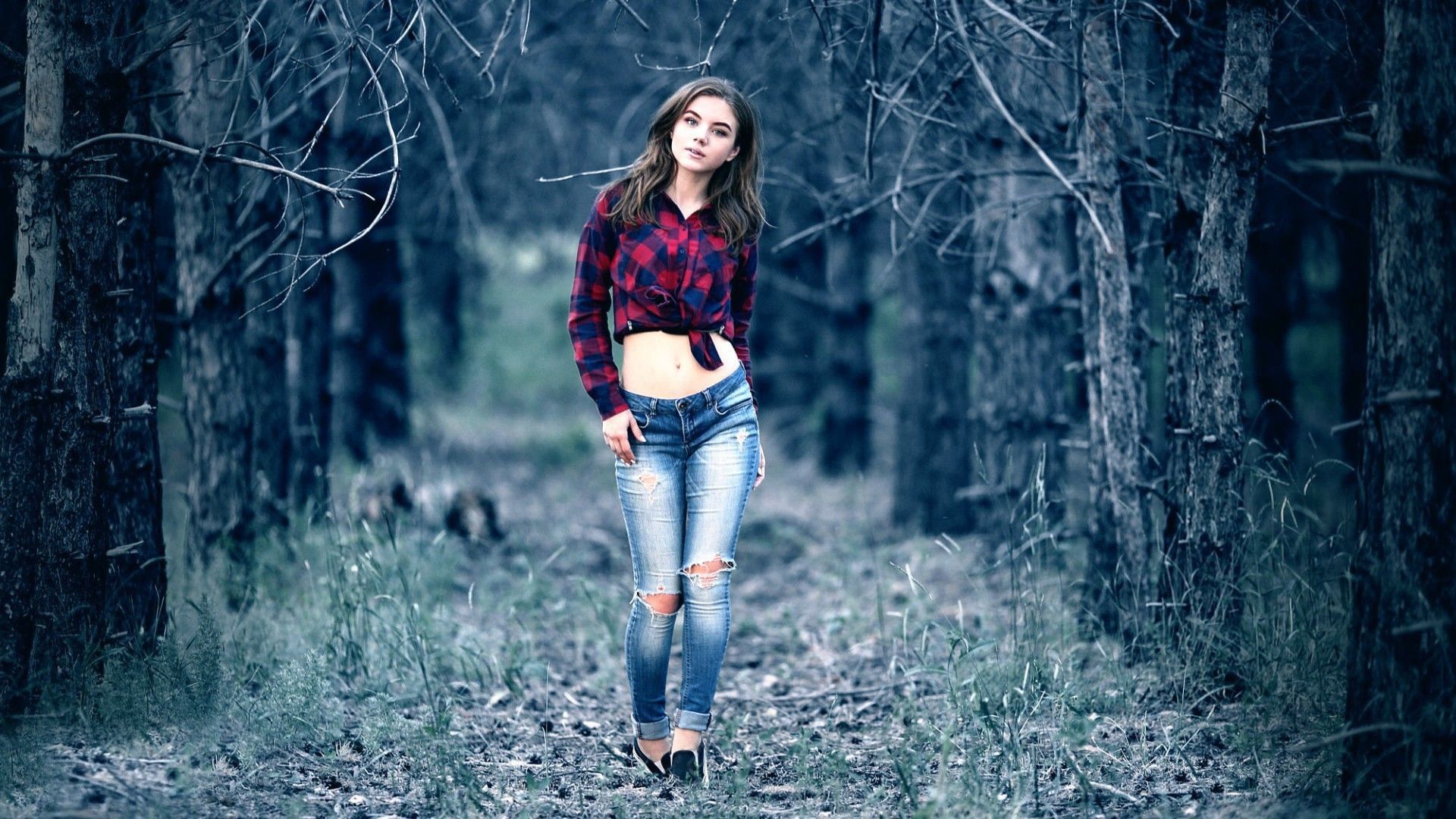 1920x1080 Girl Model Is Wearing Red Blue Top And Jeans Standing In Forest Background HD Girls Wallpaper