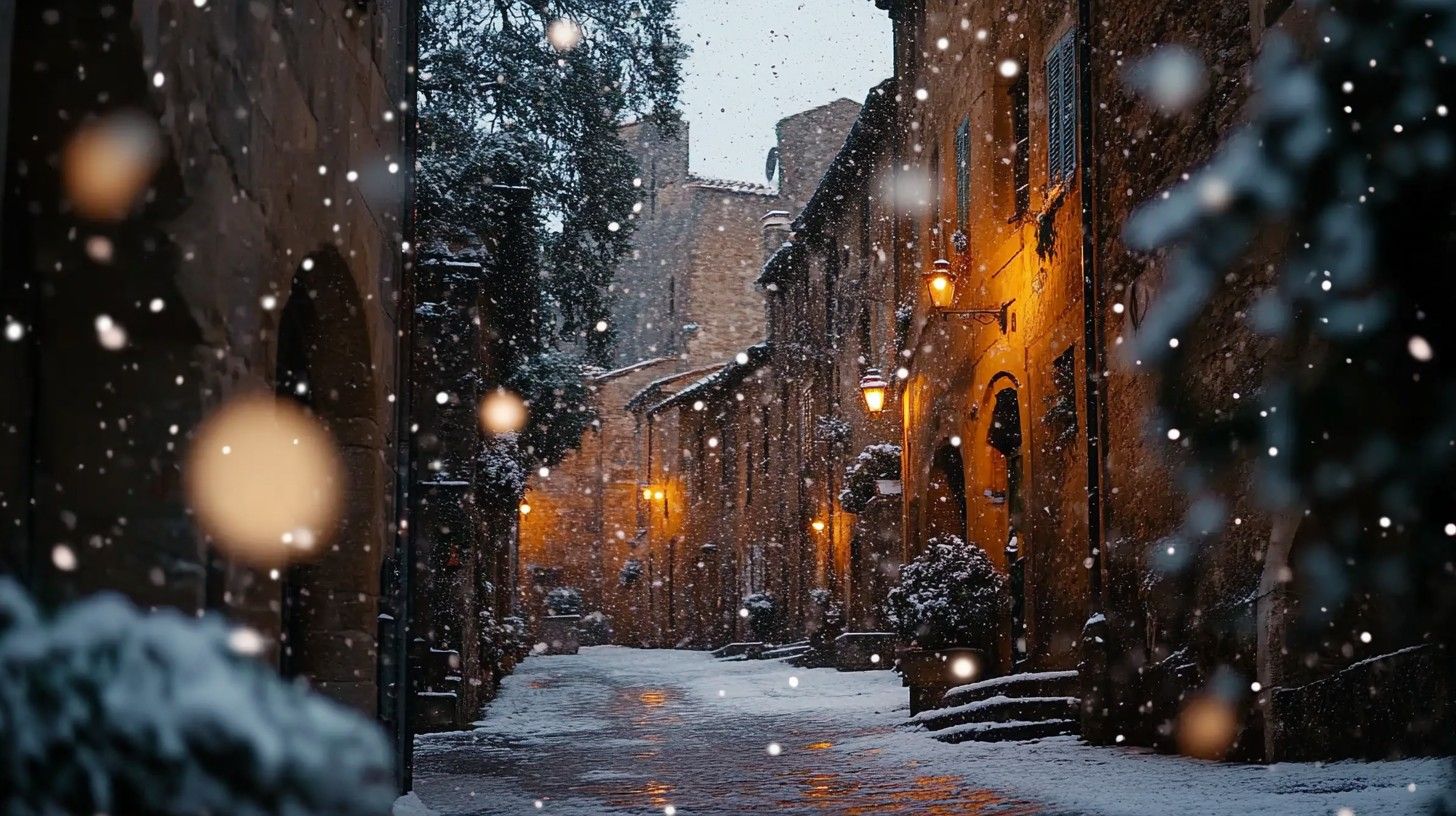1456x816 Free Snowy Evening Walk Image, Evening, Cobblestone