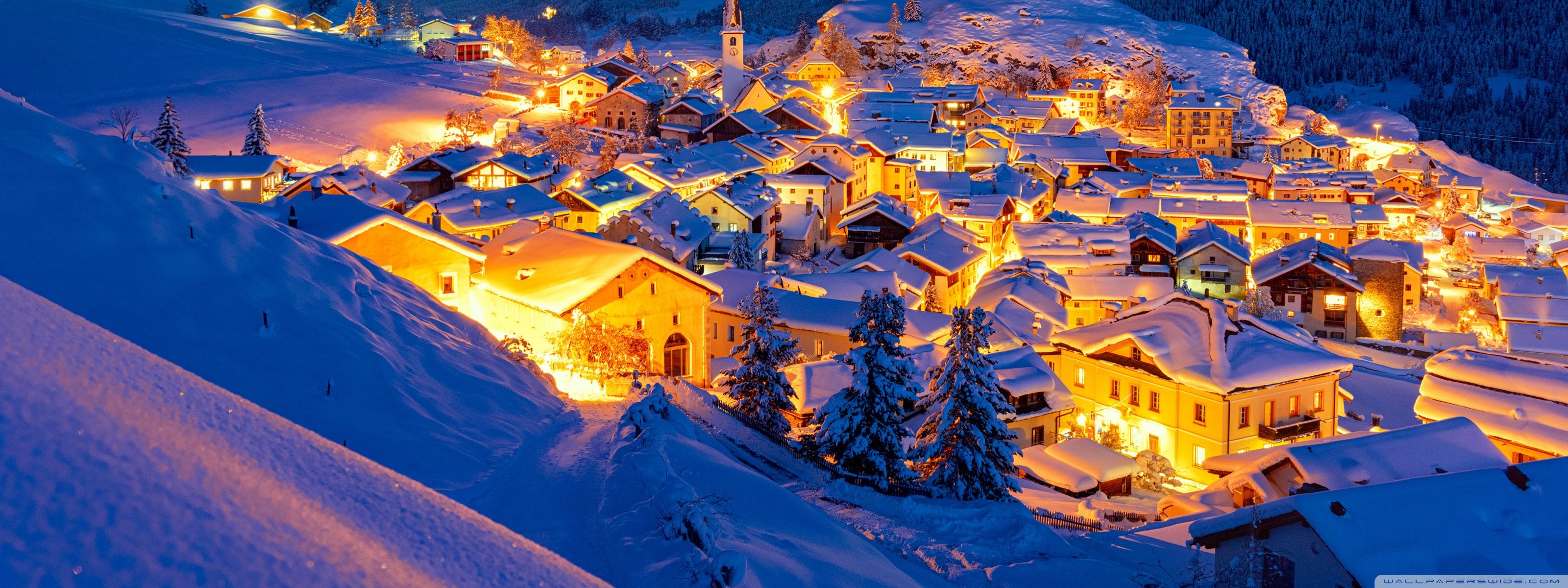 3200x1200 Winter, Snowy Mountain Town, Evening, Golden Lights 4K UHD Wallpaper for UltraHD Desktop and TV : Widescreen and UltraWide Display : Smartphone and Tablet Devices