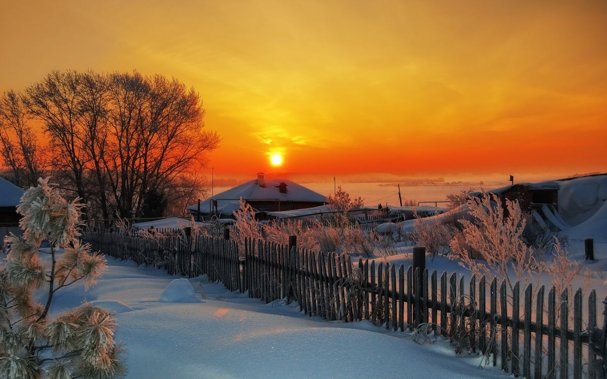 1200x750 Wallpaper Snow Covered Fence During Sunset, Background Free Image