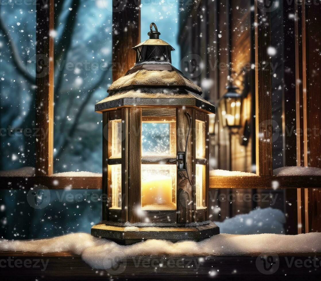 1118x980 Christmas candle Lantern in winter garden, snowy evening landscape. christmas holiday background. atmosphere festive winter still life