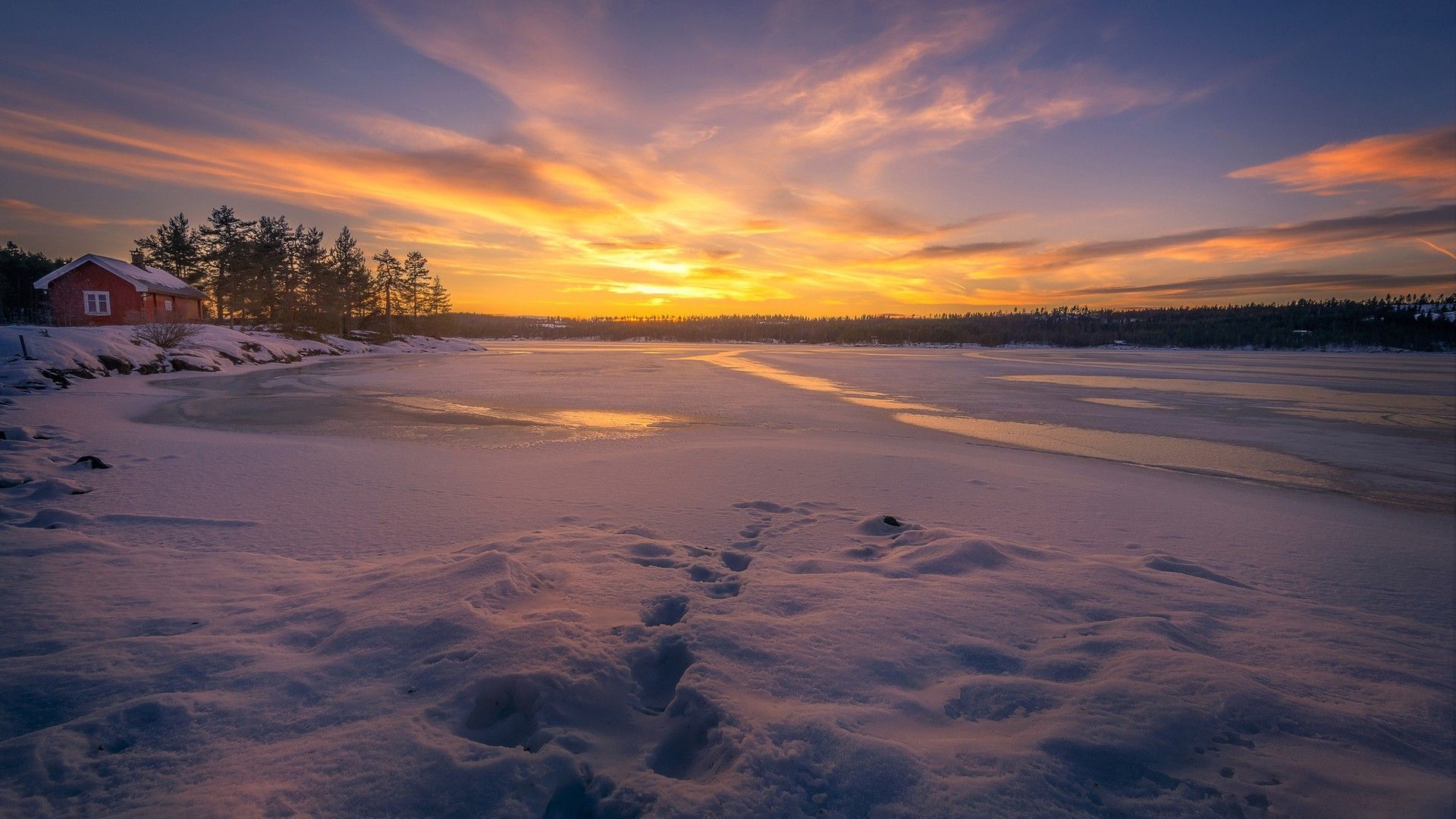 1920x1080 Winter Snow Seashore During Sunset HD Nature Wallpaper