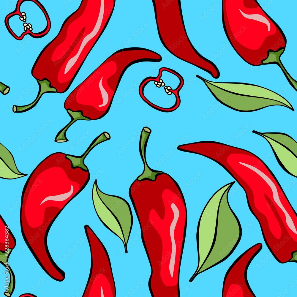 1000x1000 Seamless pattern with hot chilli pepper on blue background. Fabric, wallpaper and wrapping paper design. Stock Illustration
