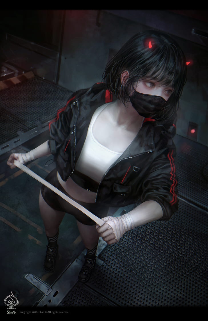 728x1125 HD wallpaper: anime girls, original characters, mask, dark hair