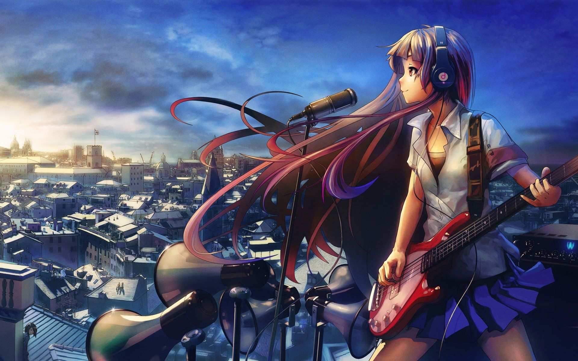 1920x1200 anime girls, Original characters, Skirt, Headphones, Bass guitars Wallpaper HD / Desktop and Mobile Background