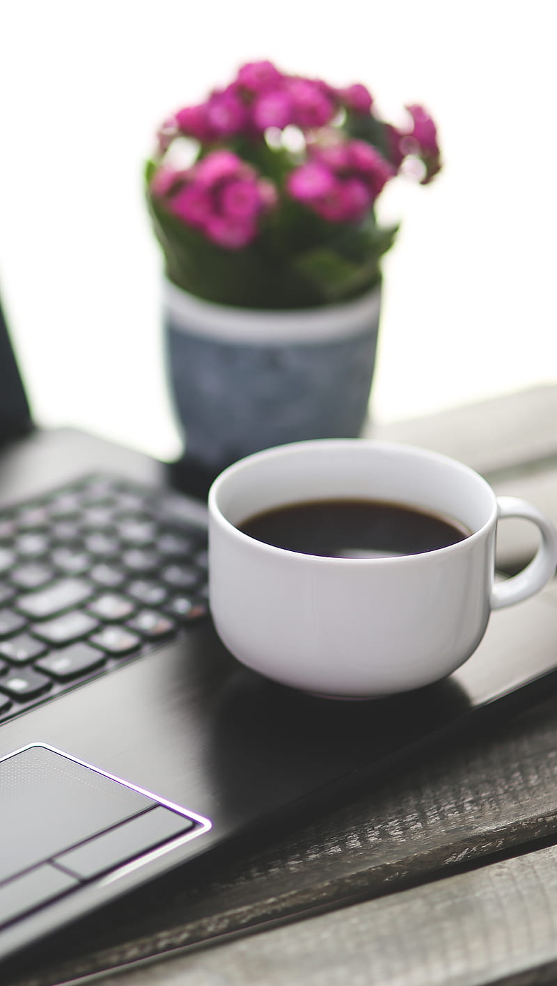 800x1417 Coffee and laptop, flower, morning, still life, work place, HD phone wallpaper