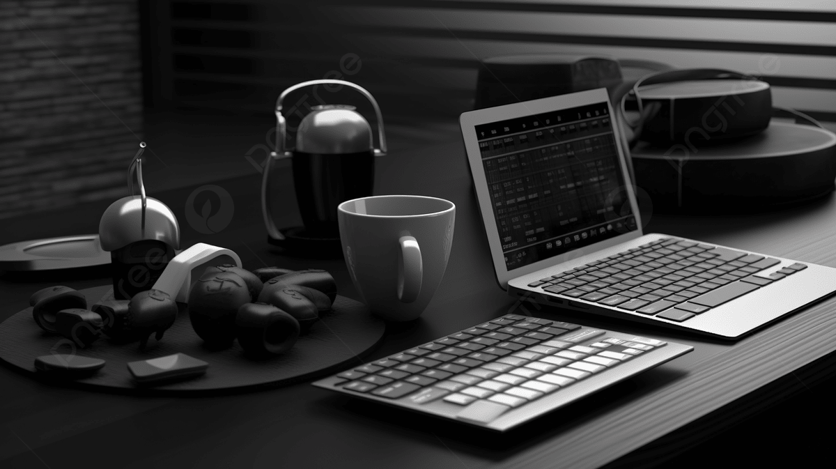1200x673 Sleek Black Workspace Featuring A Worktable Laptop Keyboard Clock And Coffee Cup In 3D Render Photo And Picture For Free Download