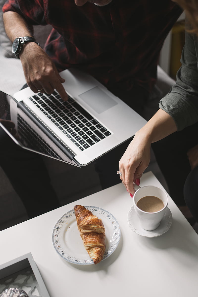 800x1198 Croissant, coffee, dessert, laptop, work, aesthetics, HD phone wallpaper