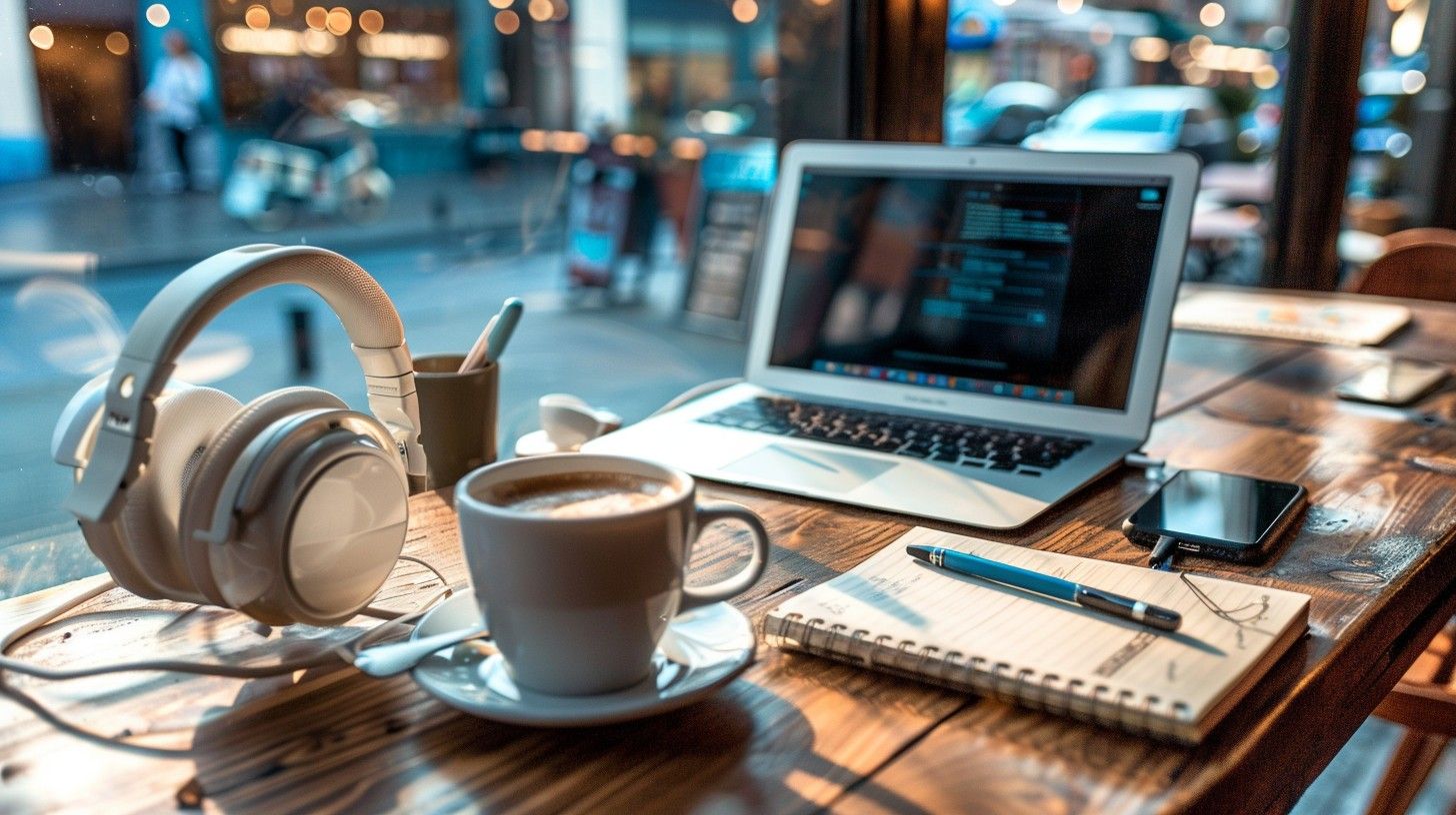1456x816 Free Caffeinated Work Spot Image, Headphones, Laptop