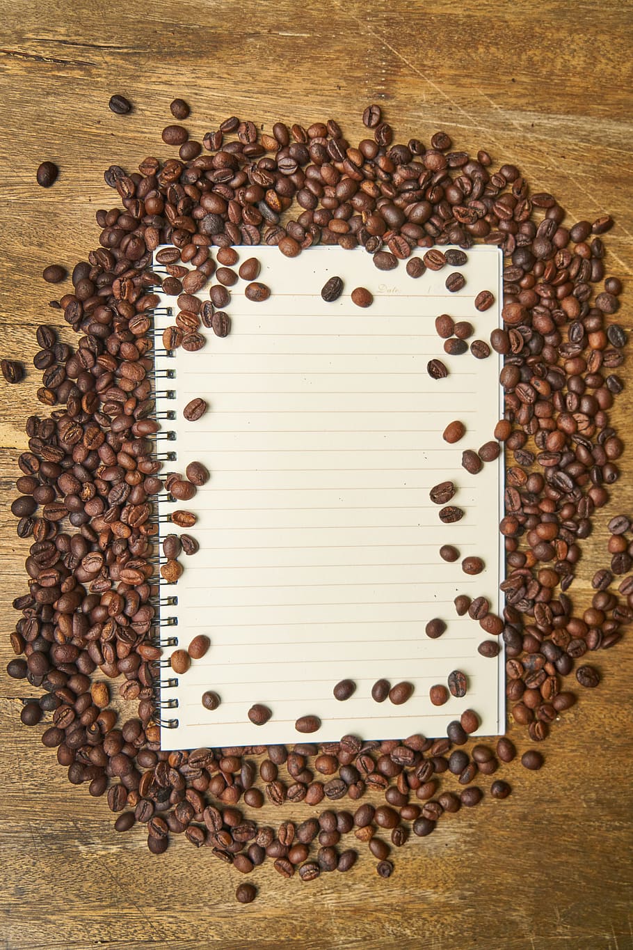 910x1364 HD wallpaper: coffee beans lot, notebook, work, page, take notes, to write
