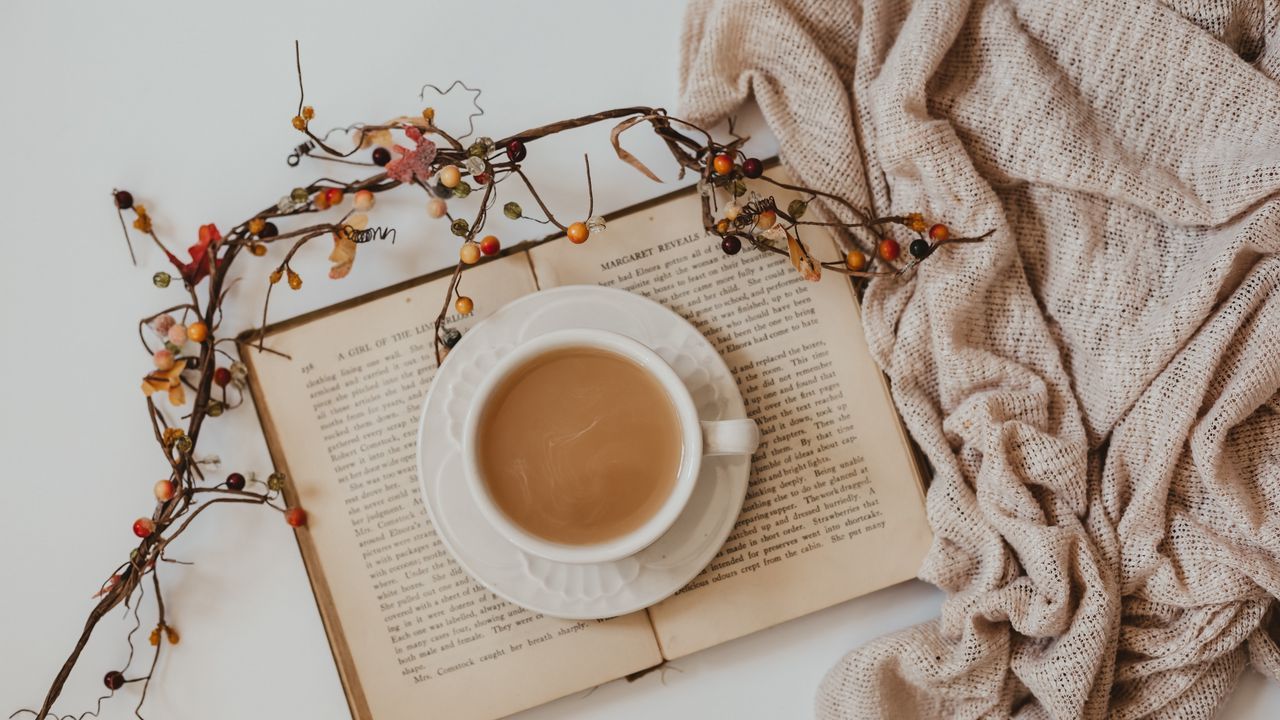 1280x720 Wallpaper cup, coffee, drink, book, branch hd, picture, image