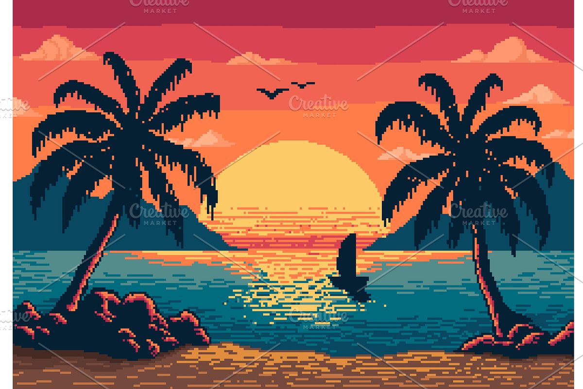 1200x800 bit pixel art, sunset beach