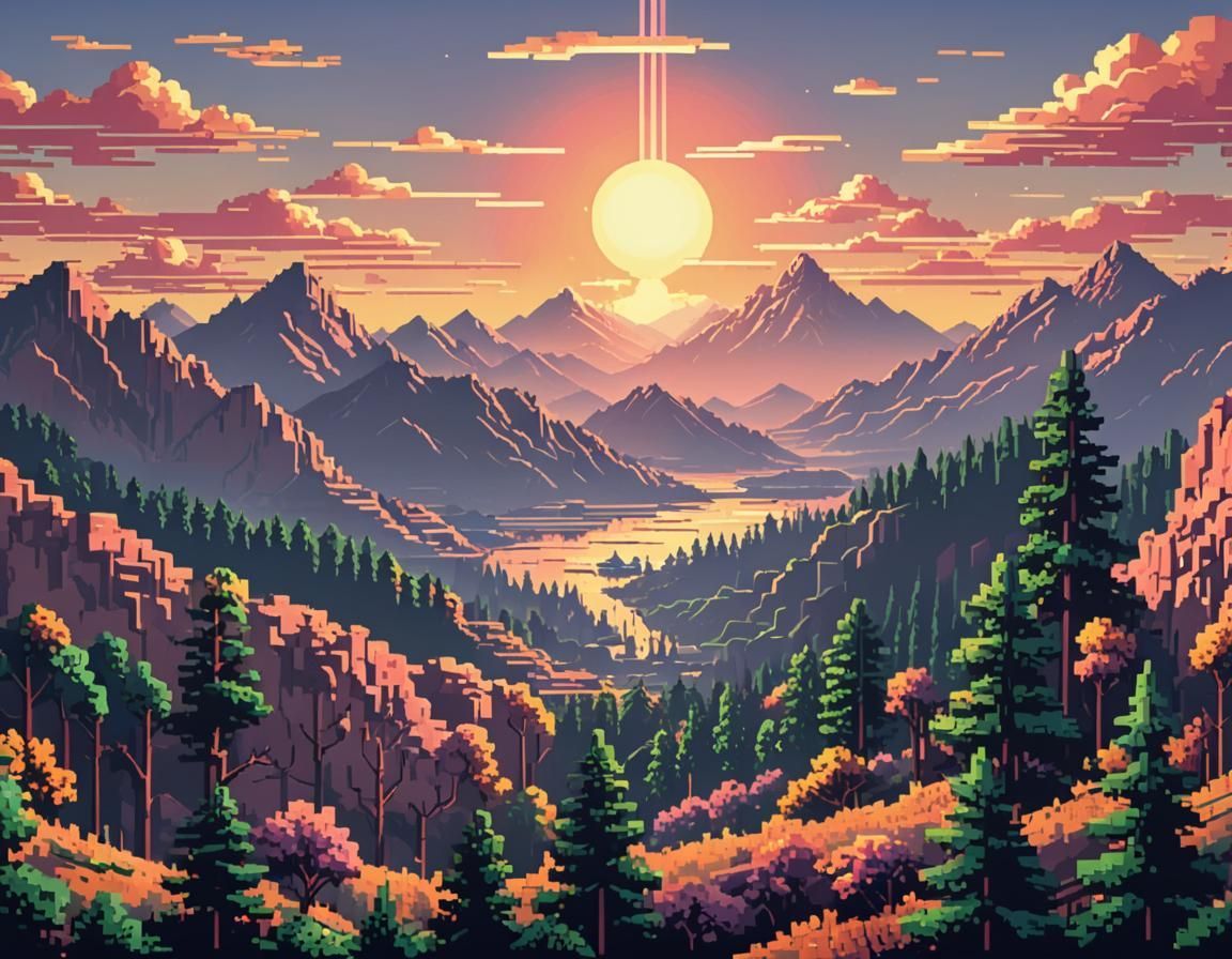 1152x896 Retro 8 Bit Pixel Art Sunrise Over Mountains