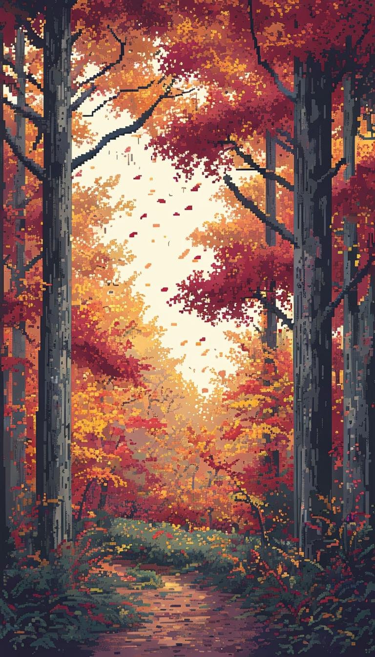 768x1344 Nostalgic 8 Bit Autumn Forest Scene Art For Retro Lovers