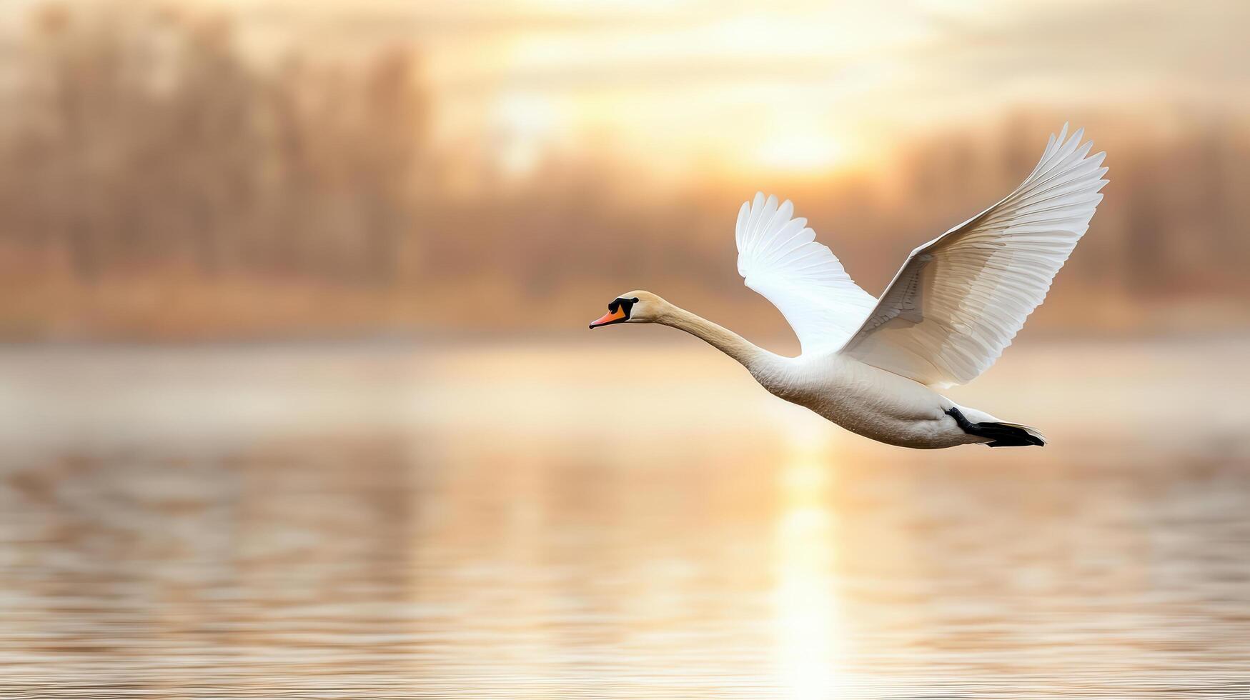 1749x980 White swan flying over the water at sunset