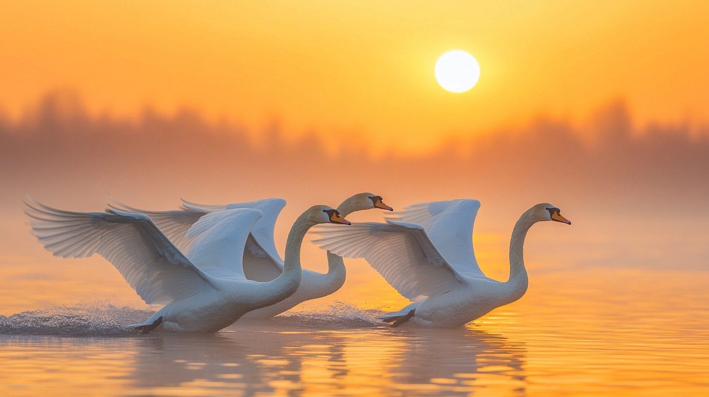 1456x816 Free Swans at Sunrise Image, Sunrise, Nature