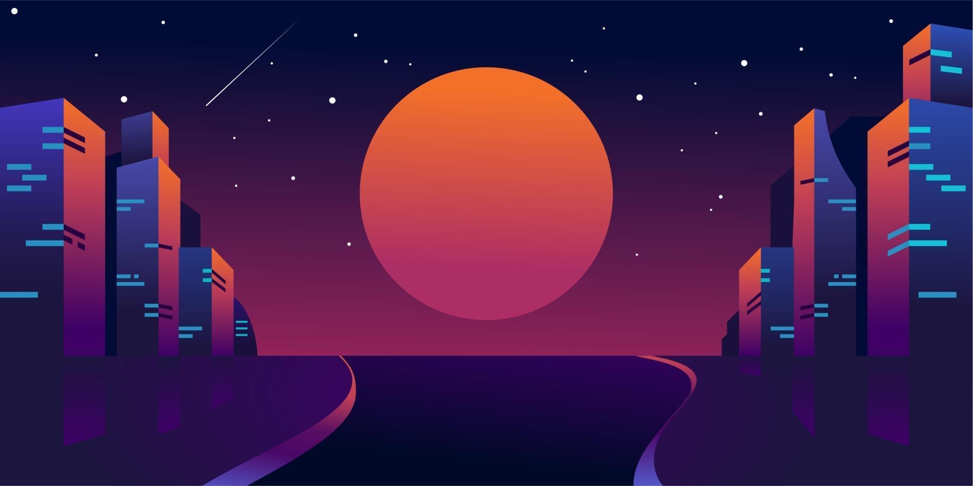 1920x960 retro futuristic night city with moon or sun, Cityscape of cyber punk