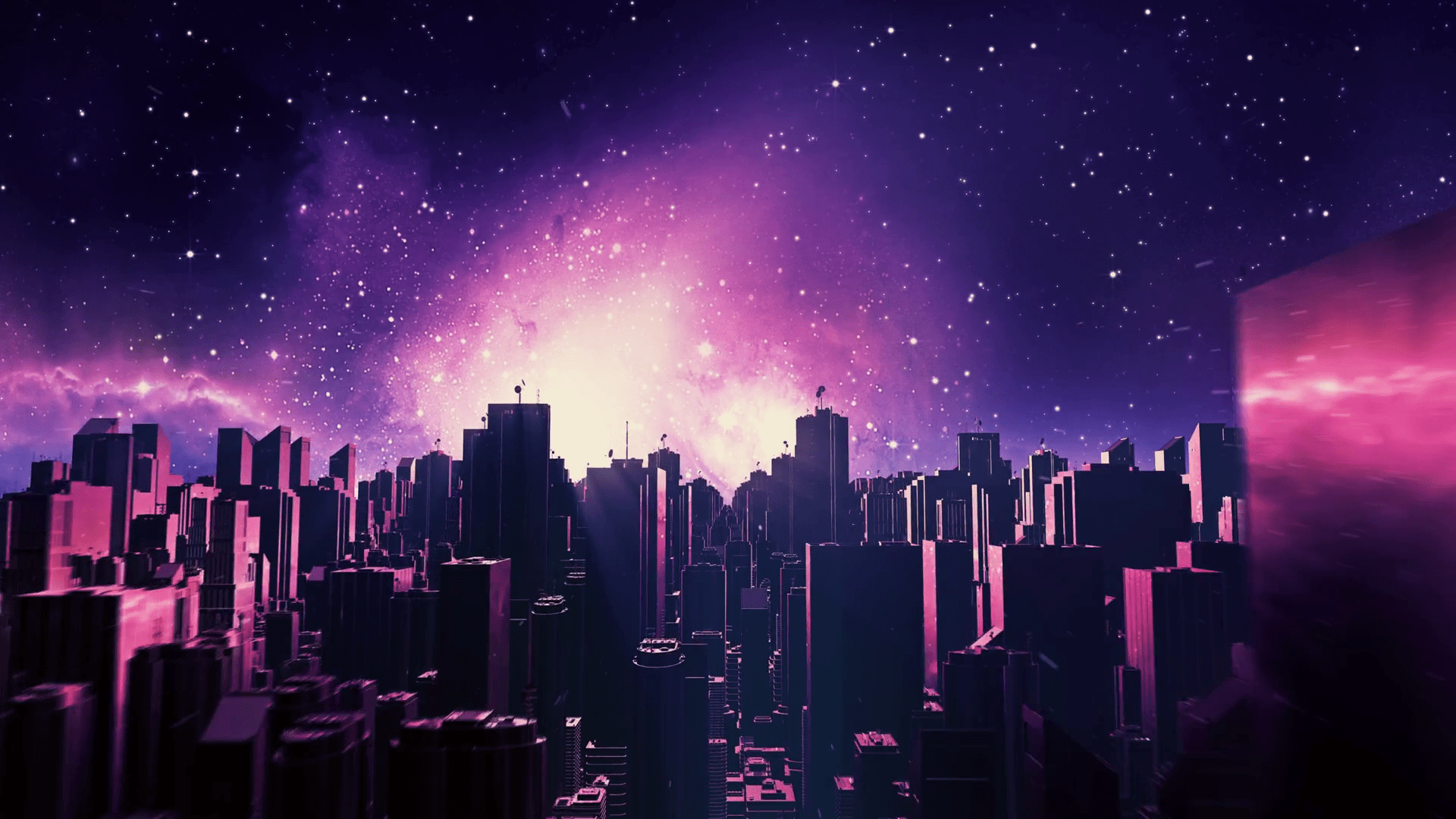 1920x1080 Retro Futuristic City Flythrough Seamless Loop. 1980s Sci Fi Synthwave Landscape In Space With Stars. Looping Vaporwave Stylized VJ 3D Animation For EDM Music Video, Videogame Intro. 4K Motion Design