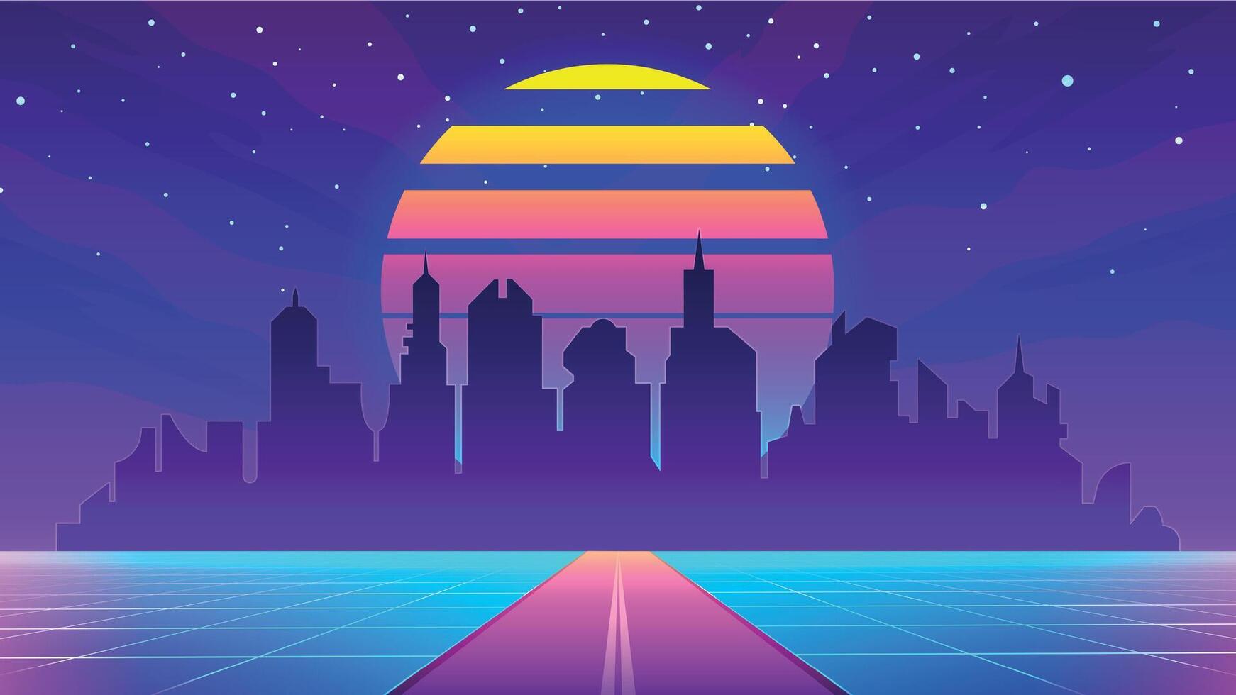 1742x980 Retro 80s futuristic city landscape with sunset, grid and highway. Virtual reality cityscape in neon color. Cyber future urban vector scene