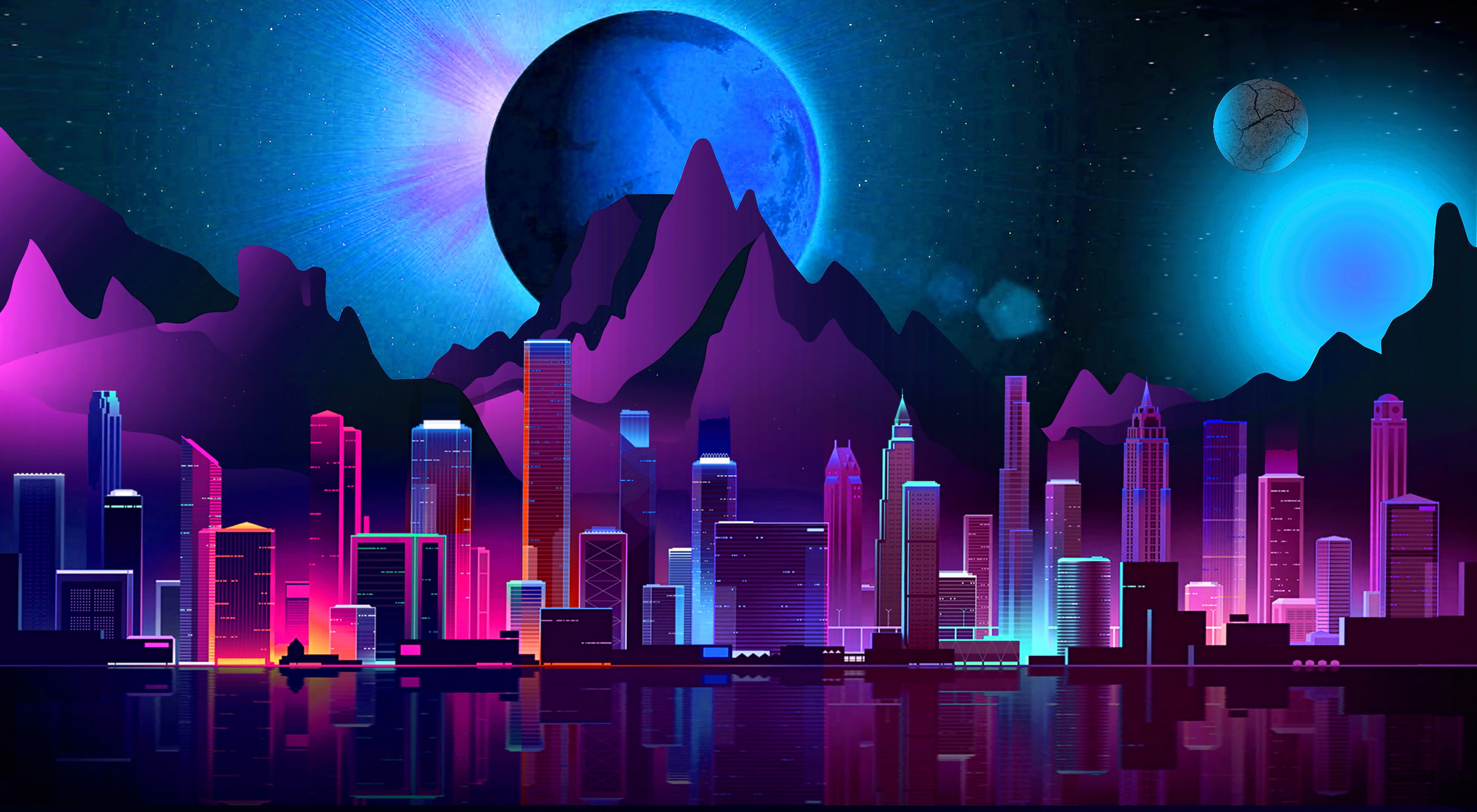 7680x4224 Futuristic City Retro Style Wallpaper 4K for Desktop