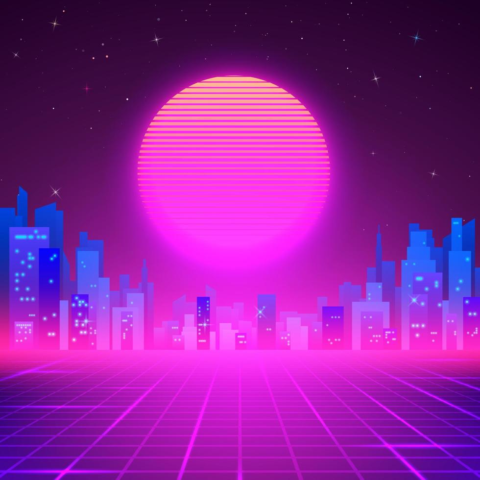 980x980 Silhouetted Night City On Skyline. 80s Retro Sci Fi Background. Cyberpunk Or Futuristic Design In 80s Style. Vector Illustration
