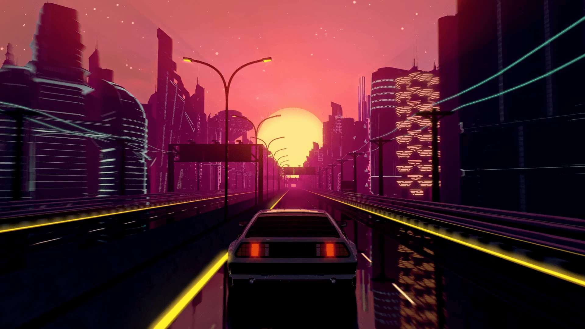 1920x1080 Retro Futuristic 80s Style Drive In Neon City. Seamless Loop Of Cyberpunk Sunset Landscape With A Moving Car On A Highway Road. VJ Synthwave Looping 3D Animation For Music Video. 4K Stylized Vintage