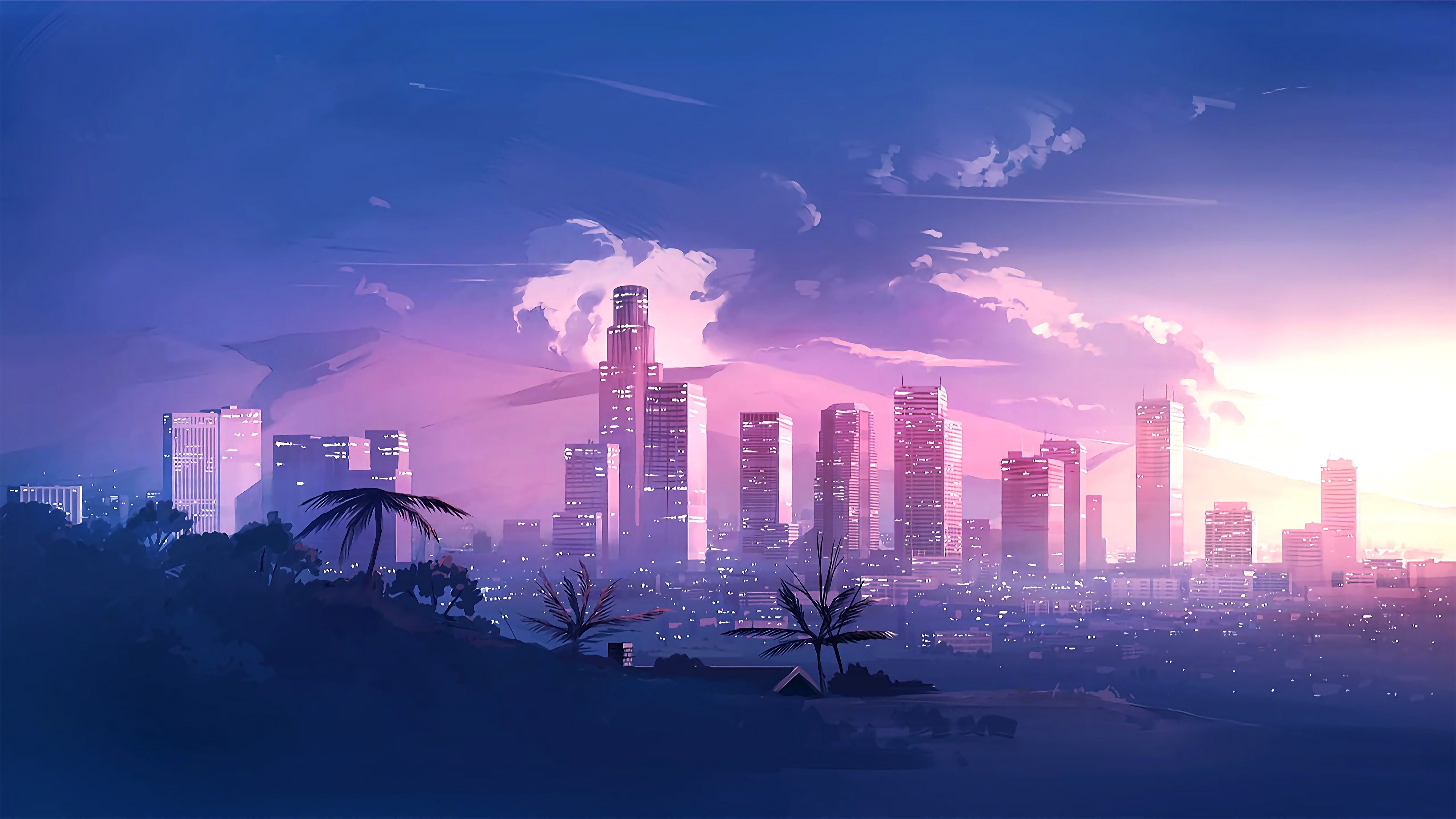 3840x2160 Wallpaper landscape, the city, style, music, 80s, style, Neon, Illustration for mobile and desktop, section арт, resolution 3840x2160