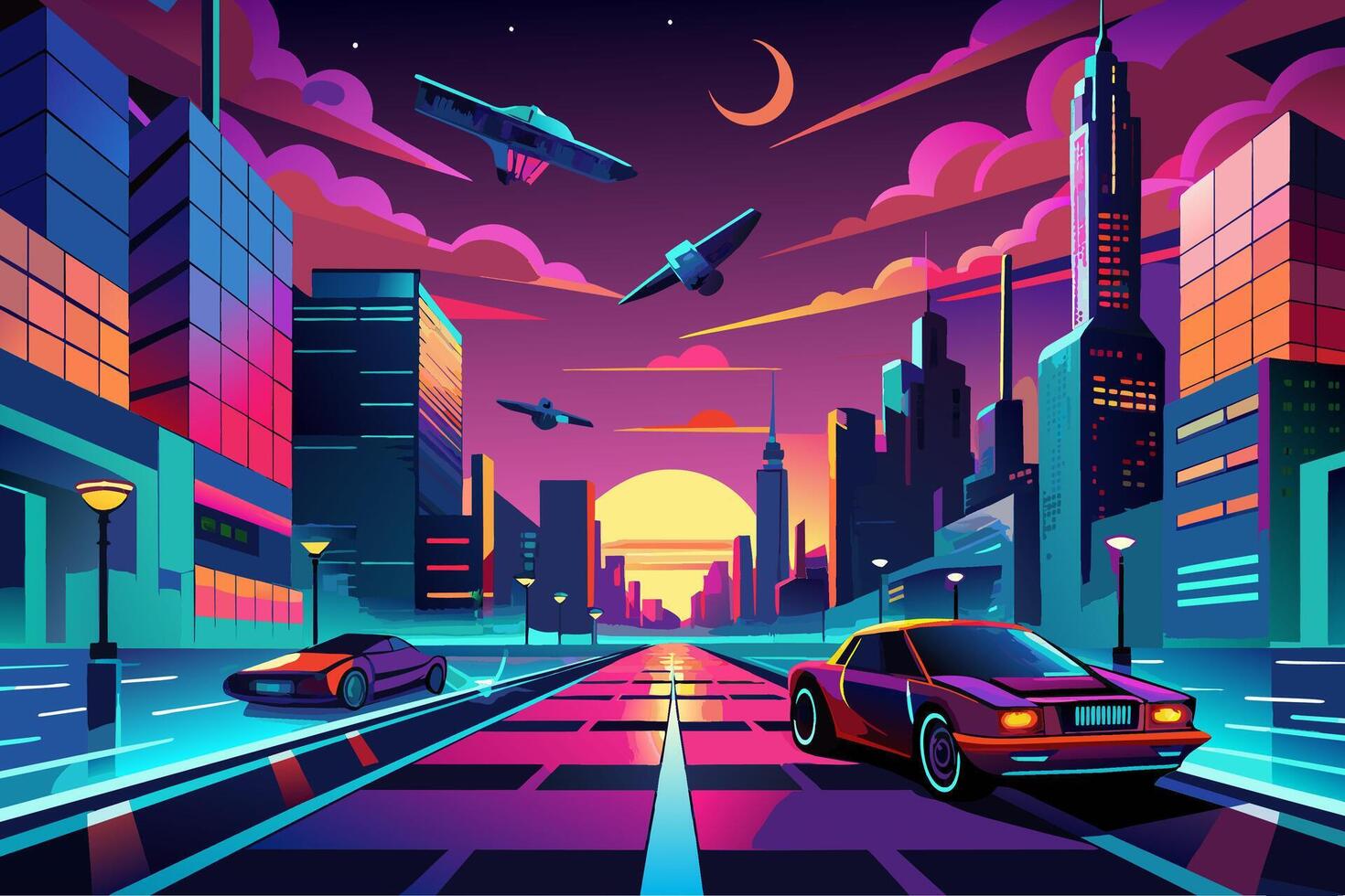 1470x980 Retro Futuristic City With Flying Cars And Neon Lights Illustration