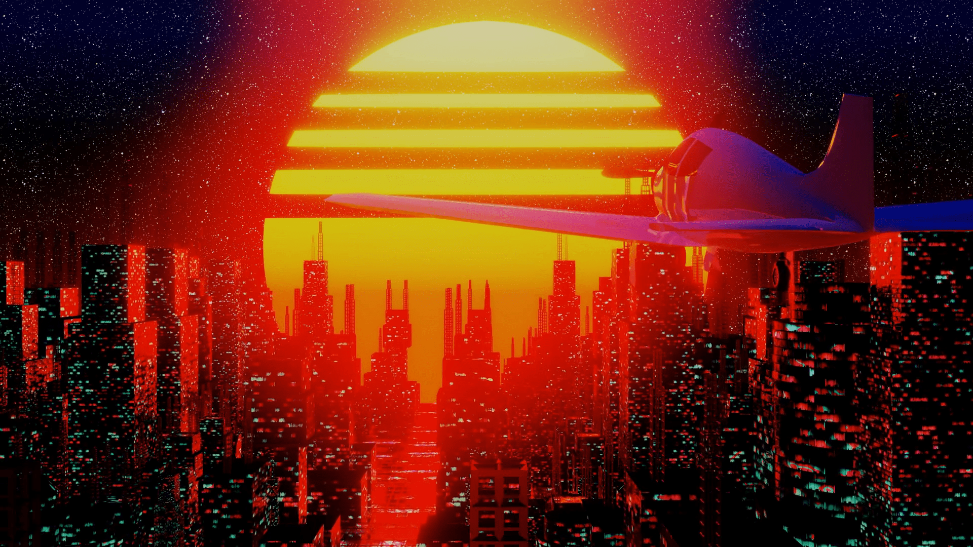 1920x1080 Airplane flying over retro futuristic city in space with orange sun and stars, galaxy. Vintage vacation journey neon lights background for music DJ VJ festivals. 3D render animation. Perfect loop
