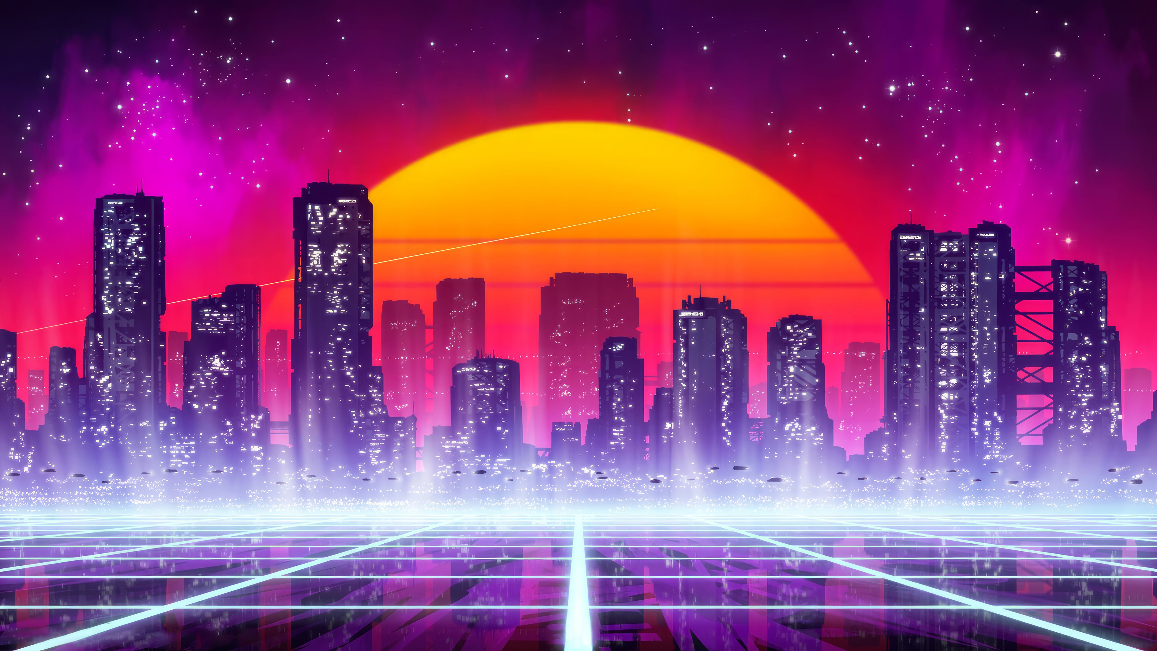 3840x2160 Futuristic City Building Retrowave Vaporwave Sci Fi Wallpaper 4K HD PC A
