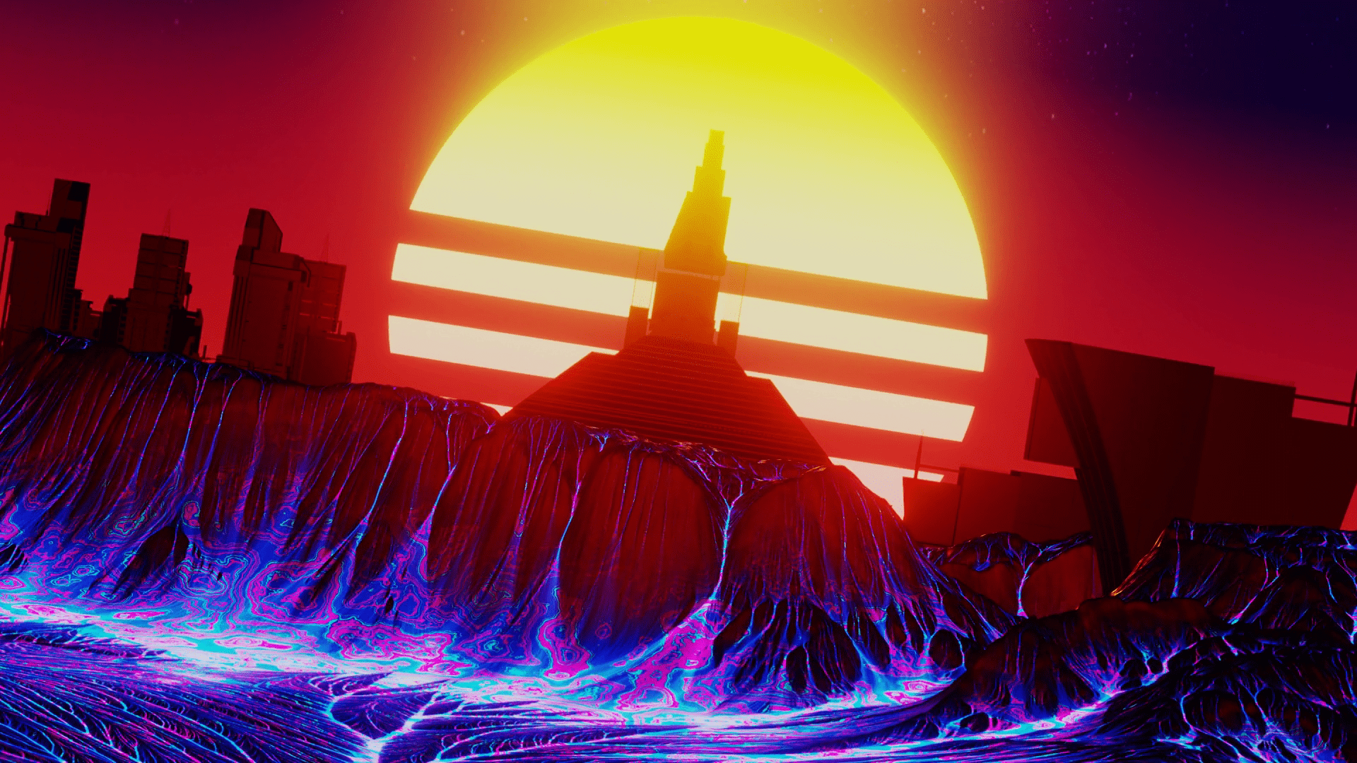 1920x1080 Retro futurism city with boiling lava and vintage sun. Synthwave background cyberpunk lopped 3D render animation