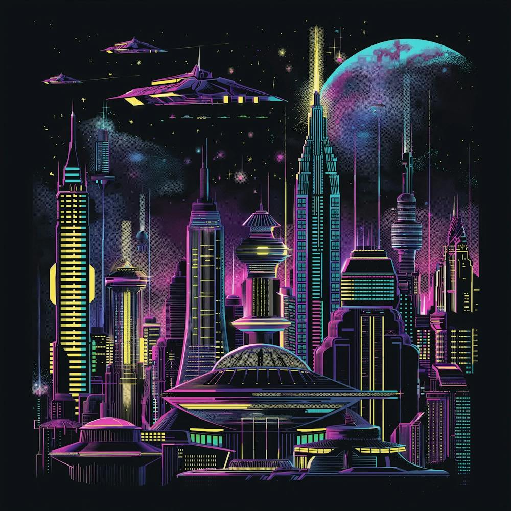 1000x1000 Design A Retro Futuristic T Shirt Featuring A Vibrant, Neon Colored Skyline Against A Dark Background, Capturing The Essence Of 70s And 80s Sci Fi With Futuristic Cities, Flying Cars, Domed Buildings