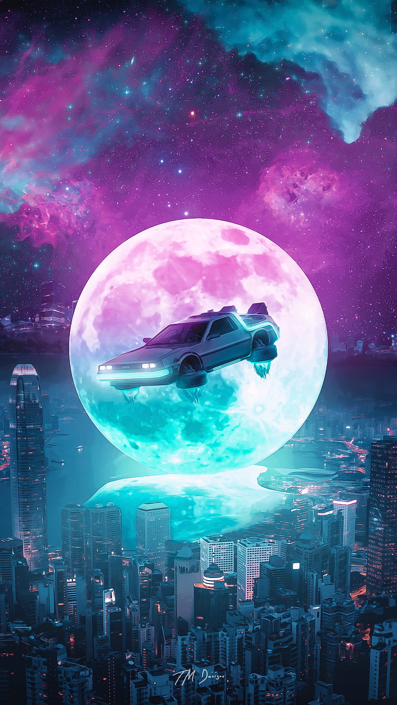 800x1422 Future Car, Future, TM, car, classic, galaxy, moon, neon, retro, space, tmdesigns, HD phone wallpaper