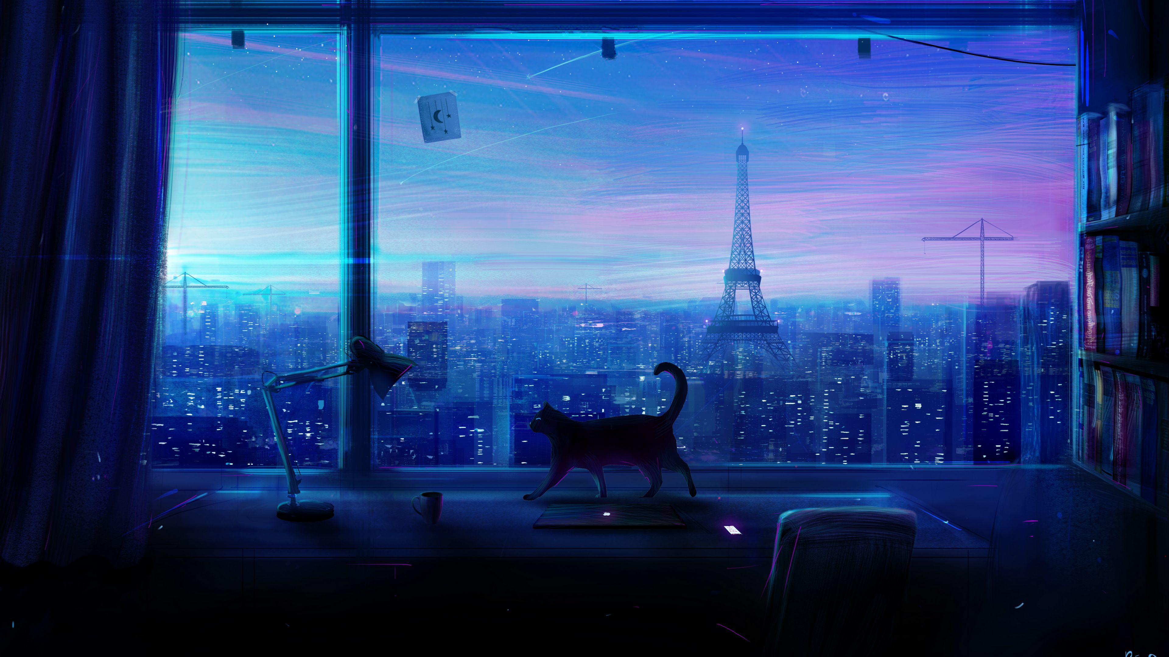 3840x2160 Download wallpaper 3840x2160 cat, art, window, city, view 4k uhd 16:9 HD background