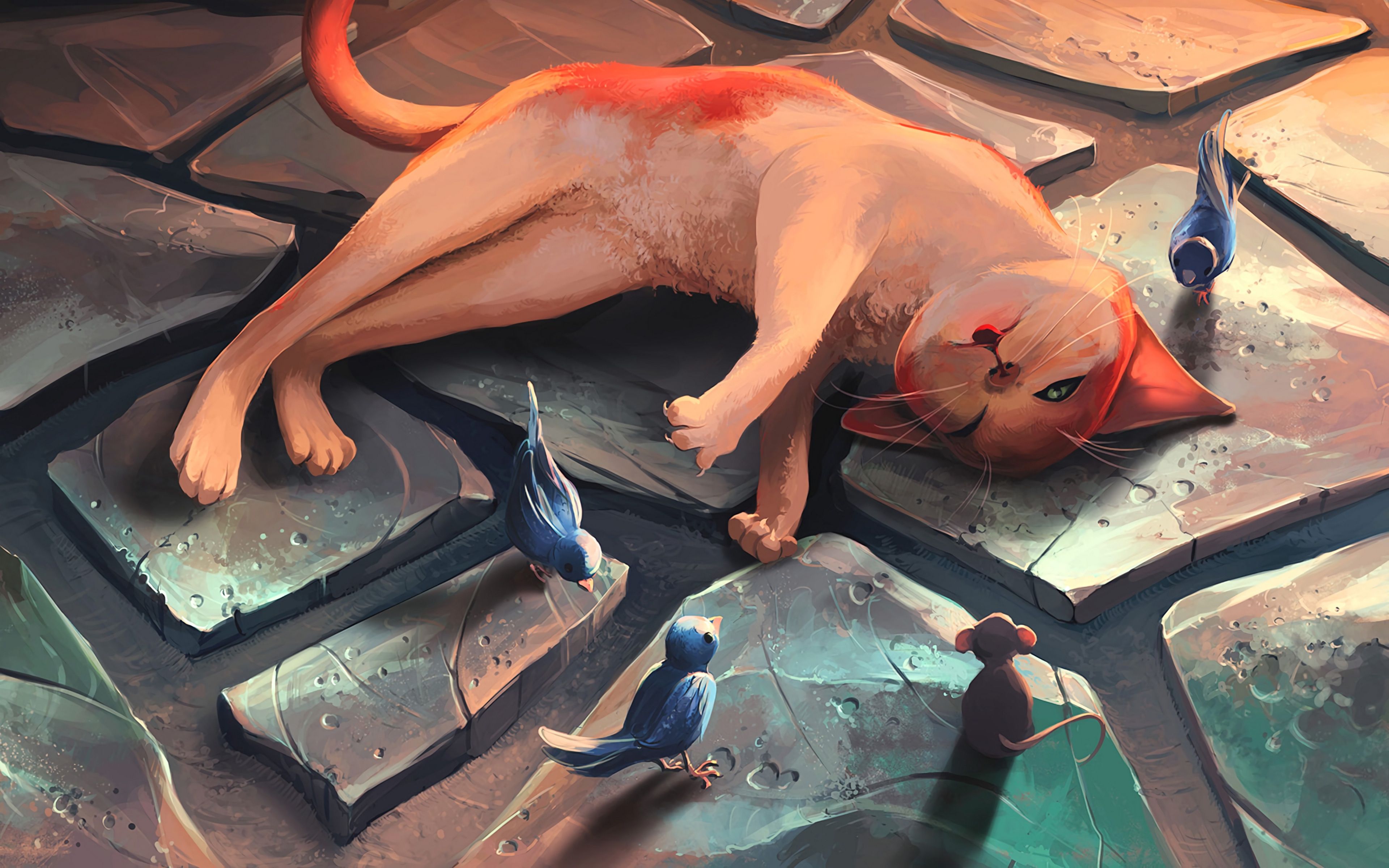 3840x2400 Wallpaper wallpaper, bird, cat, art, painting, funny, digital art, mouse for mobile and desktop, section арт, resolution 3840x2400
