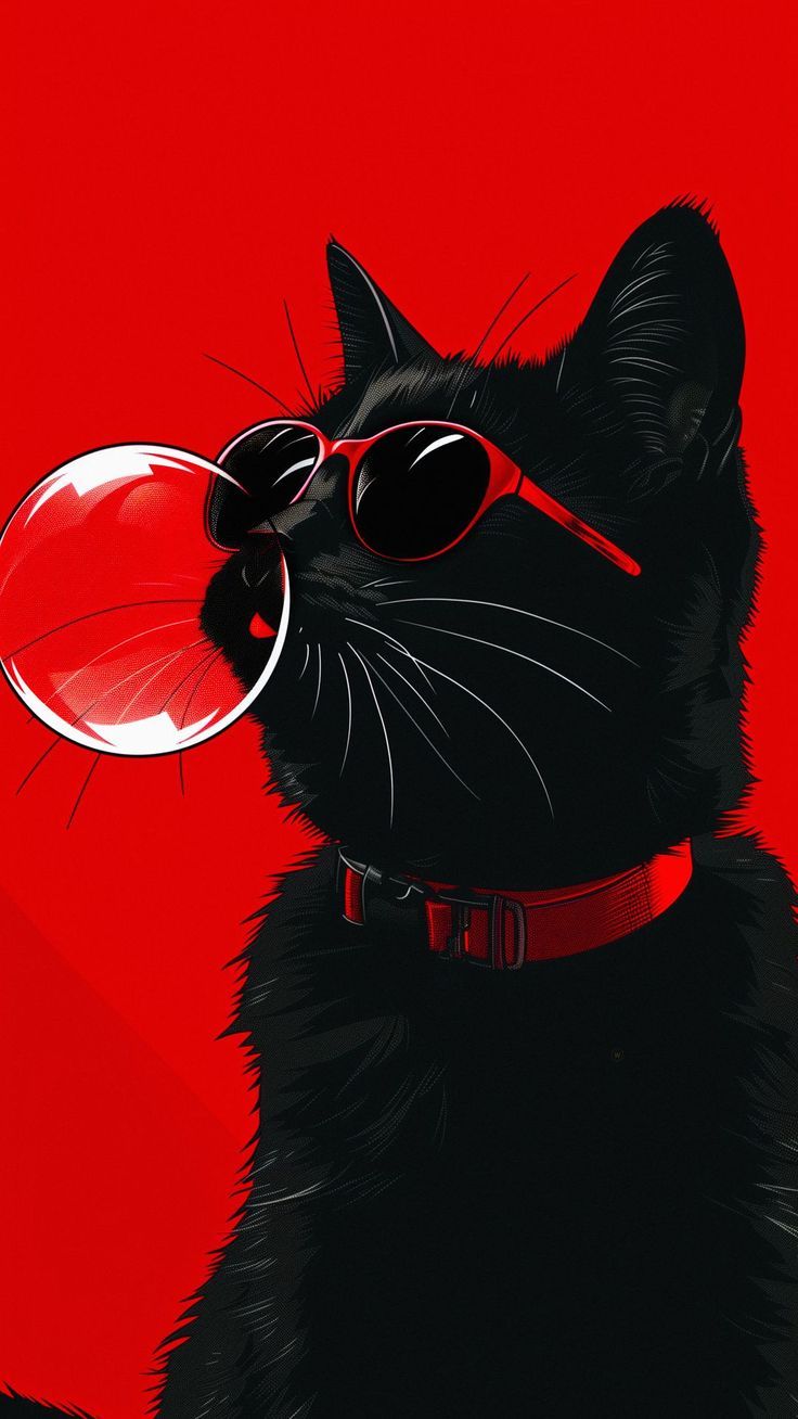 736x1308 Wallpaper cat, sunglasses, bubble, chewing gum, black, red, art, Animals 4K by Svetlanatea. Download wallpaper cat, sunglasses, bubble, chewing gum, black, red, art for free