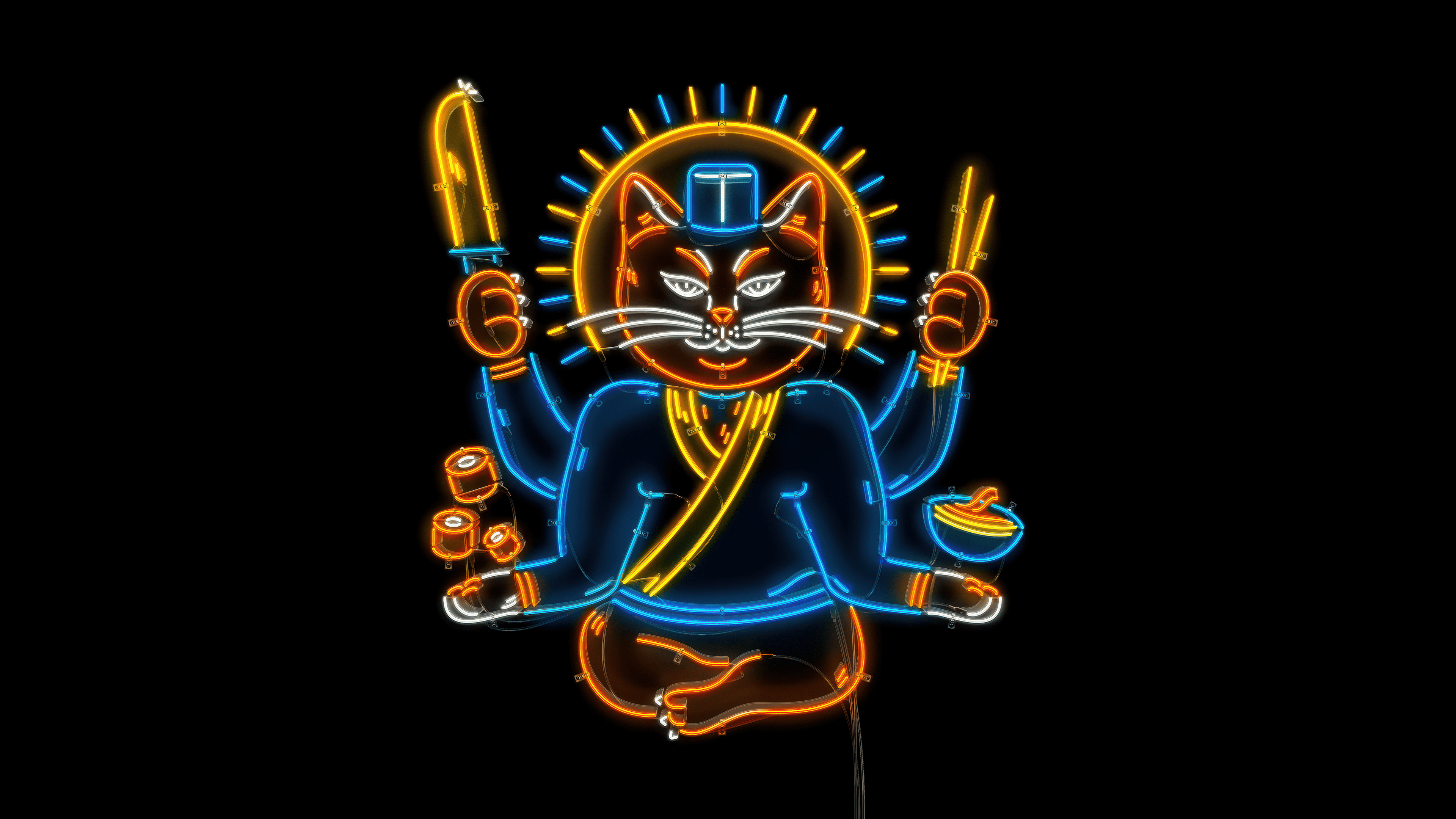 3840x2160 Sushi cat Wallpaper 4K, Neon sign, Japanese culture, 5K