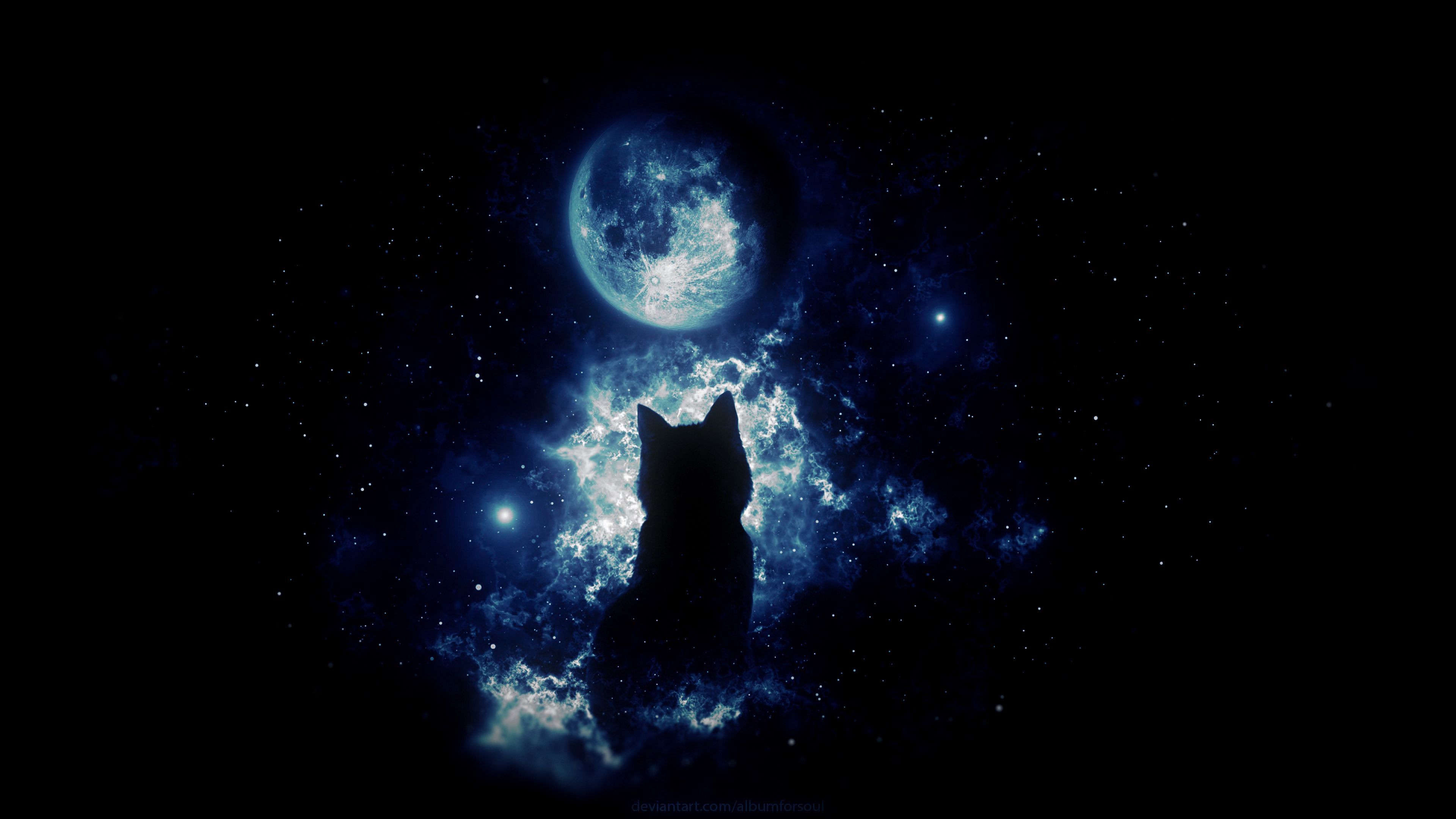 3840x2160 Download wallpaper 3840x2160 cat, silhouette, moon, starry sky, art, fantasy 4k uhd 16:9 HD background