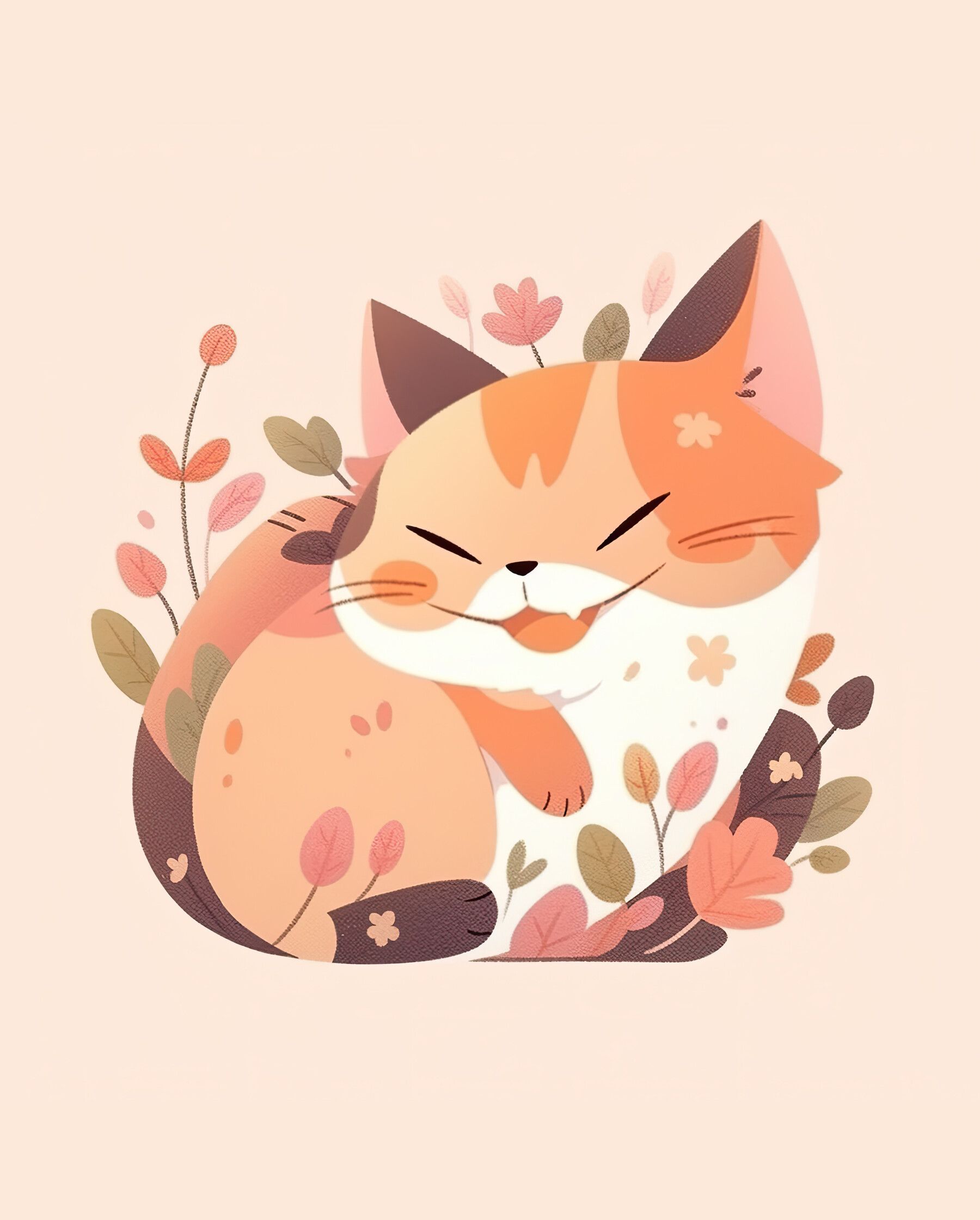 1800x2241 An Art Co Cat HD Illustrated Feline Playing in a Flower Garden Wallpaper / Cute Background / Animal Reference Artwork / Kawaii Digital
