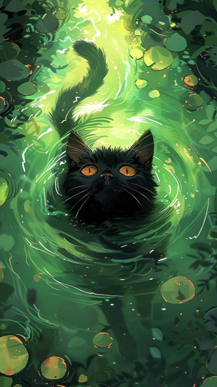 720x1280 free 4K wallpaper cat, art, pond, black, green, tail by Lover of aesthetics
