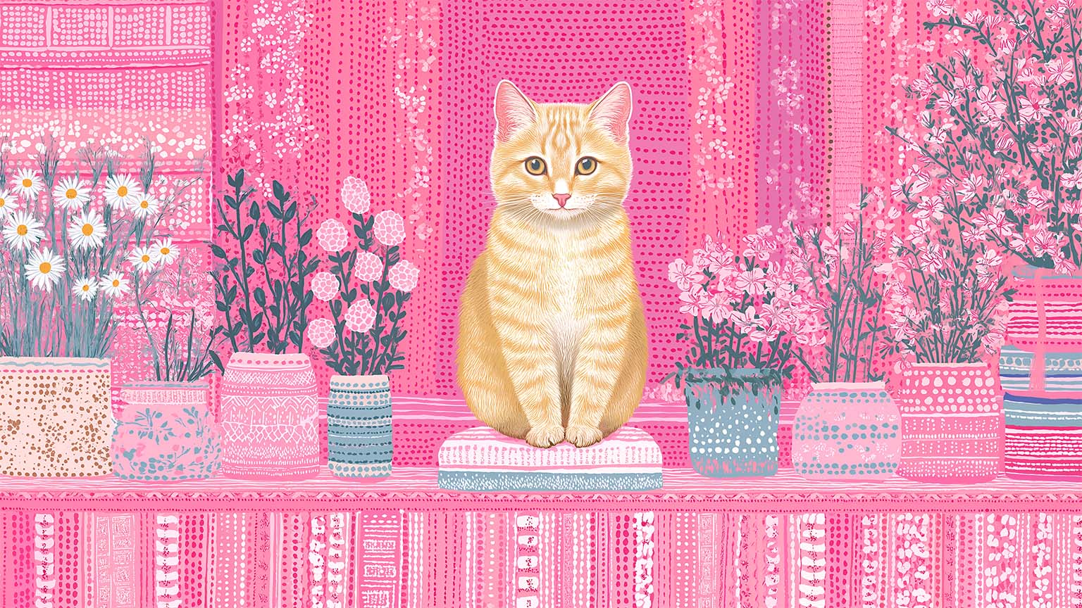 1536x864 Orange Tabby Cat Pink Floral Folkart Desktop Wallpaper 4K & HD