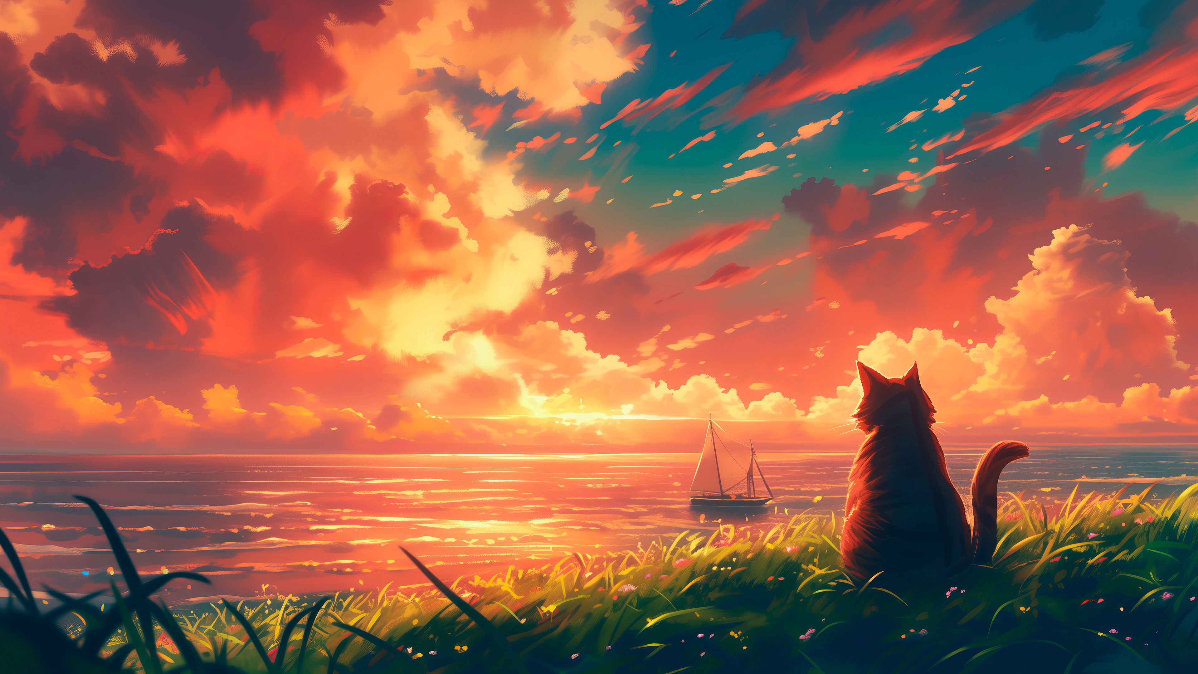 3840x2160 Cat Sunset Ocean Scenery Art Wallpaper 4K HD PC a